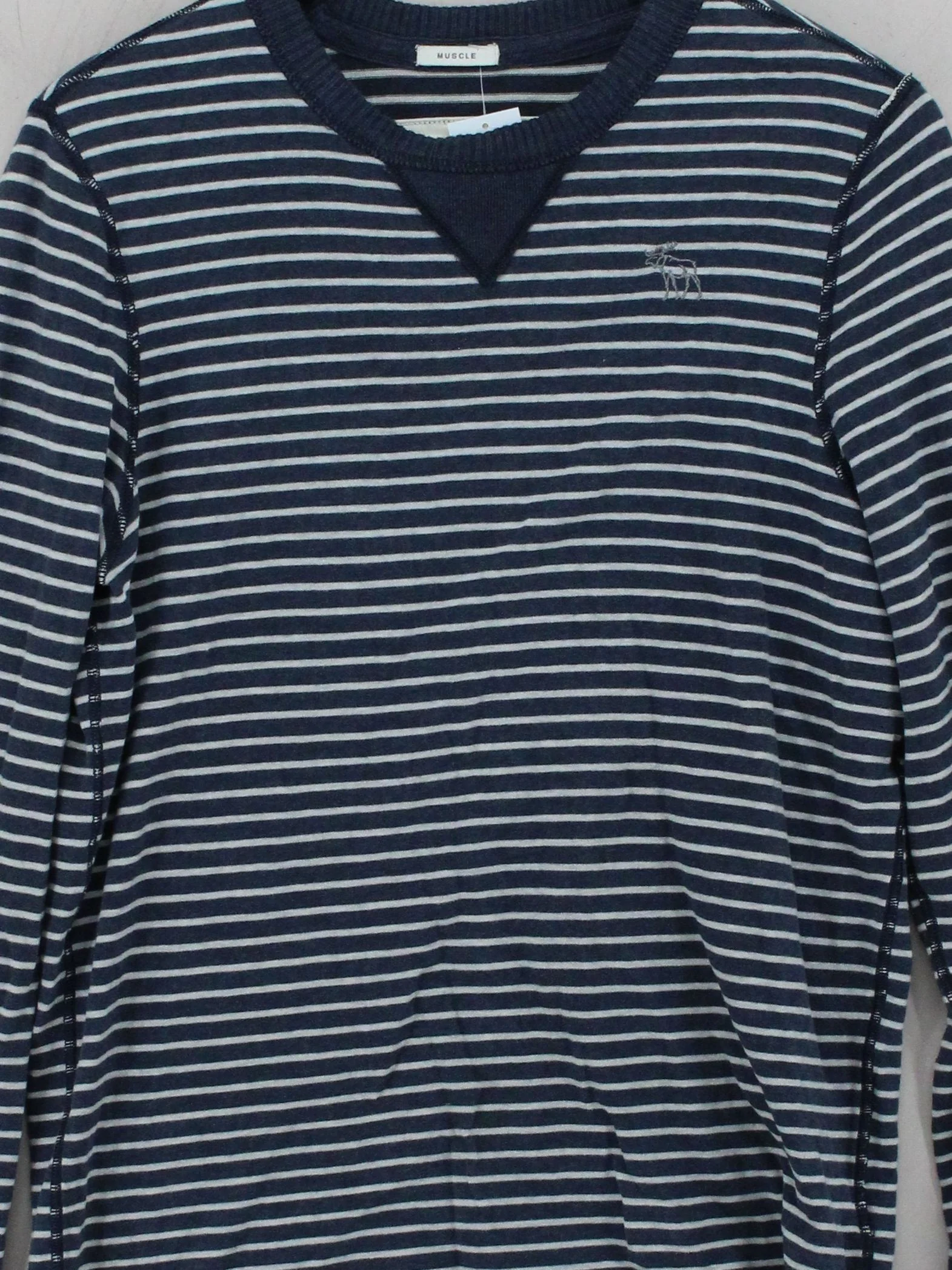Abercrombie & Fitch Men's Jumper M Blue Striped 100% Cotton Round Neck Pullover - Image 3