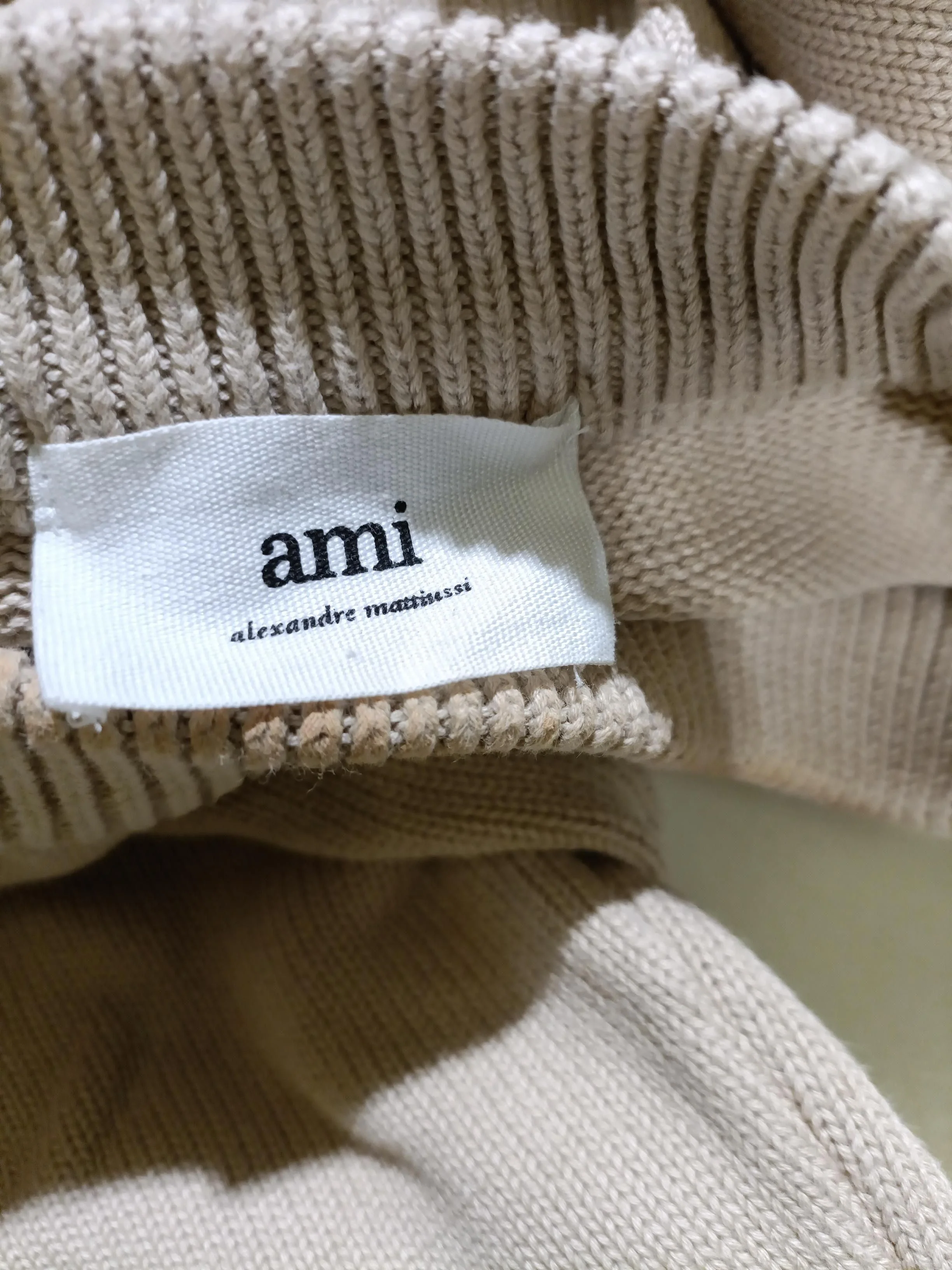 Ami Men's Jumper S Cream Graphic Cotton with Wool Round Neck Pullover - Image 6