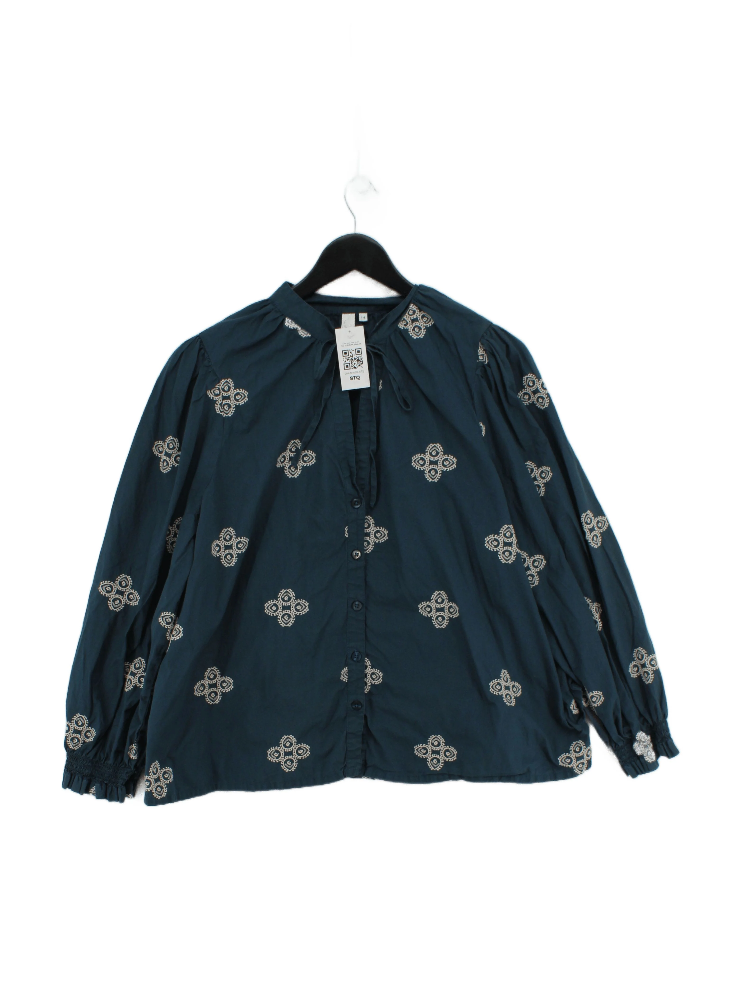 And /Or Women's Blouse UK 14 Green 100% Cotton Long Sleeve Collared Basic
