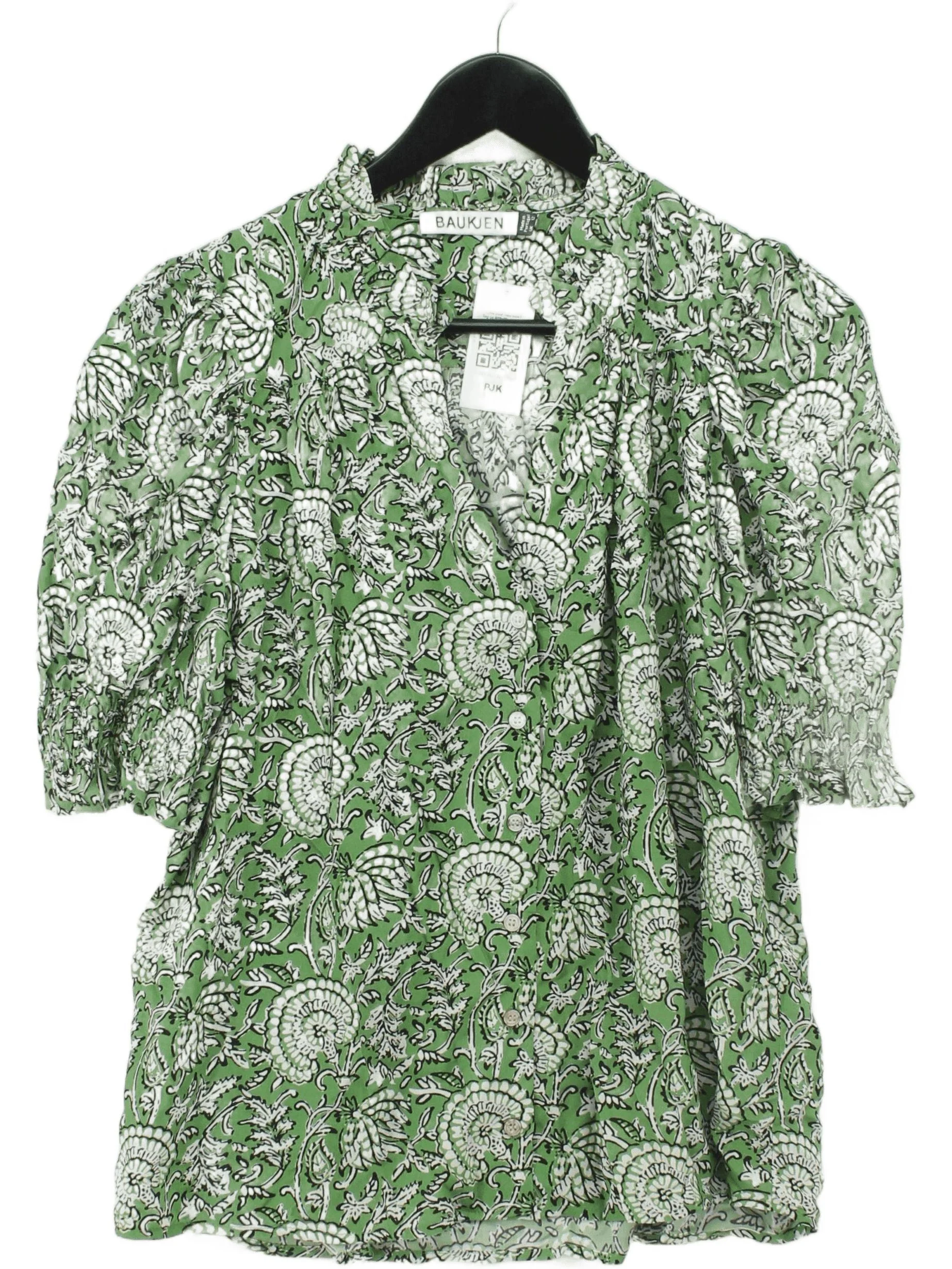 Baukjen Women's Blouse UK 12 Green Floral 100% Viscose Short Sleeve V-Neck Basic