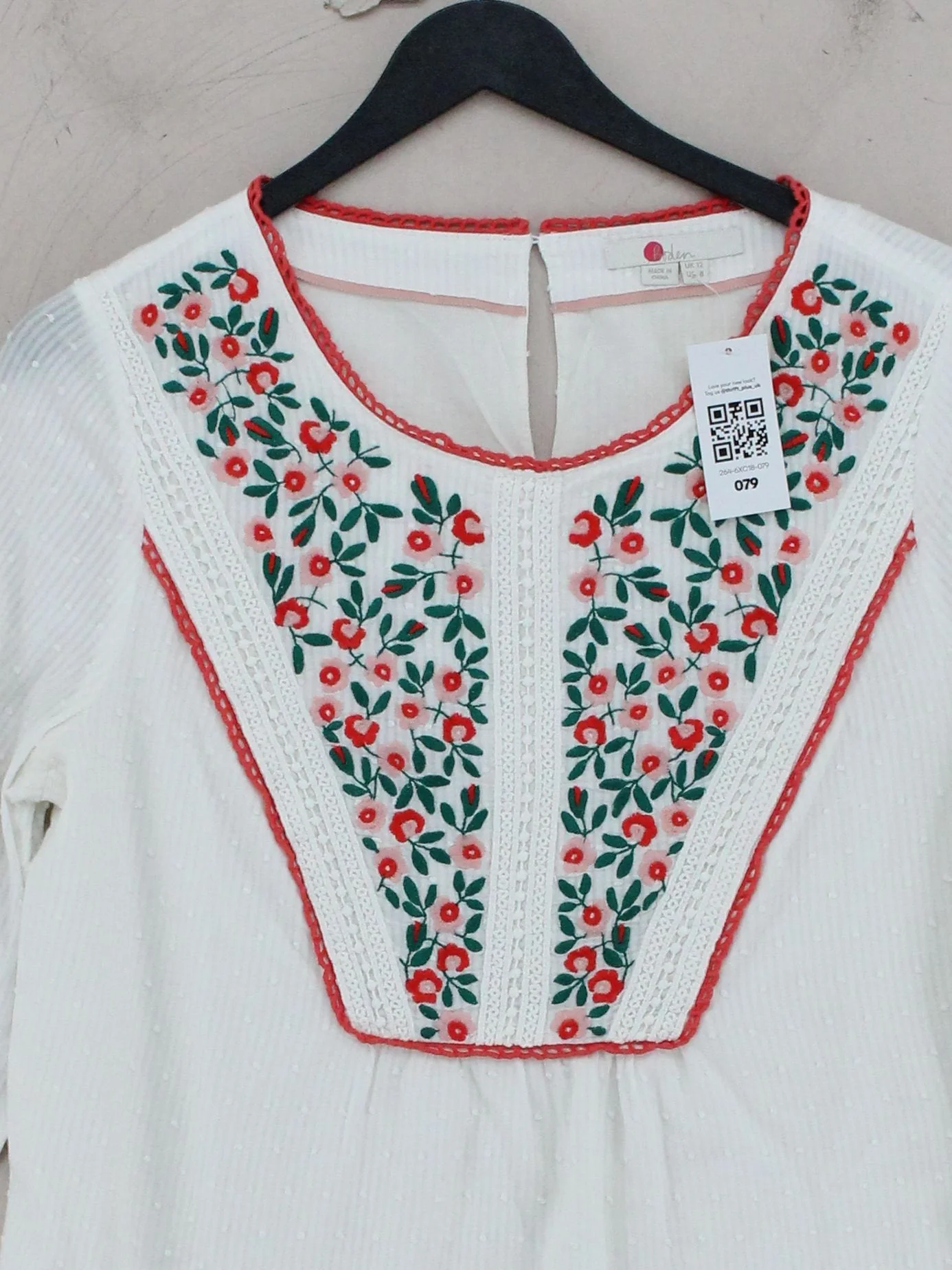 Boden Women's Top UK 12 White Floral 100% Cotton 3/4 Sleeve Round Neck Tunic - Image 3