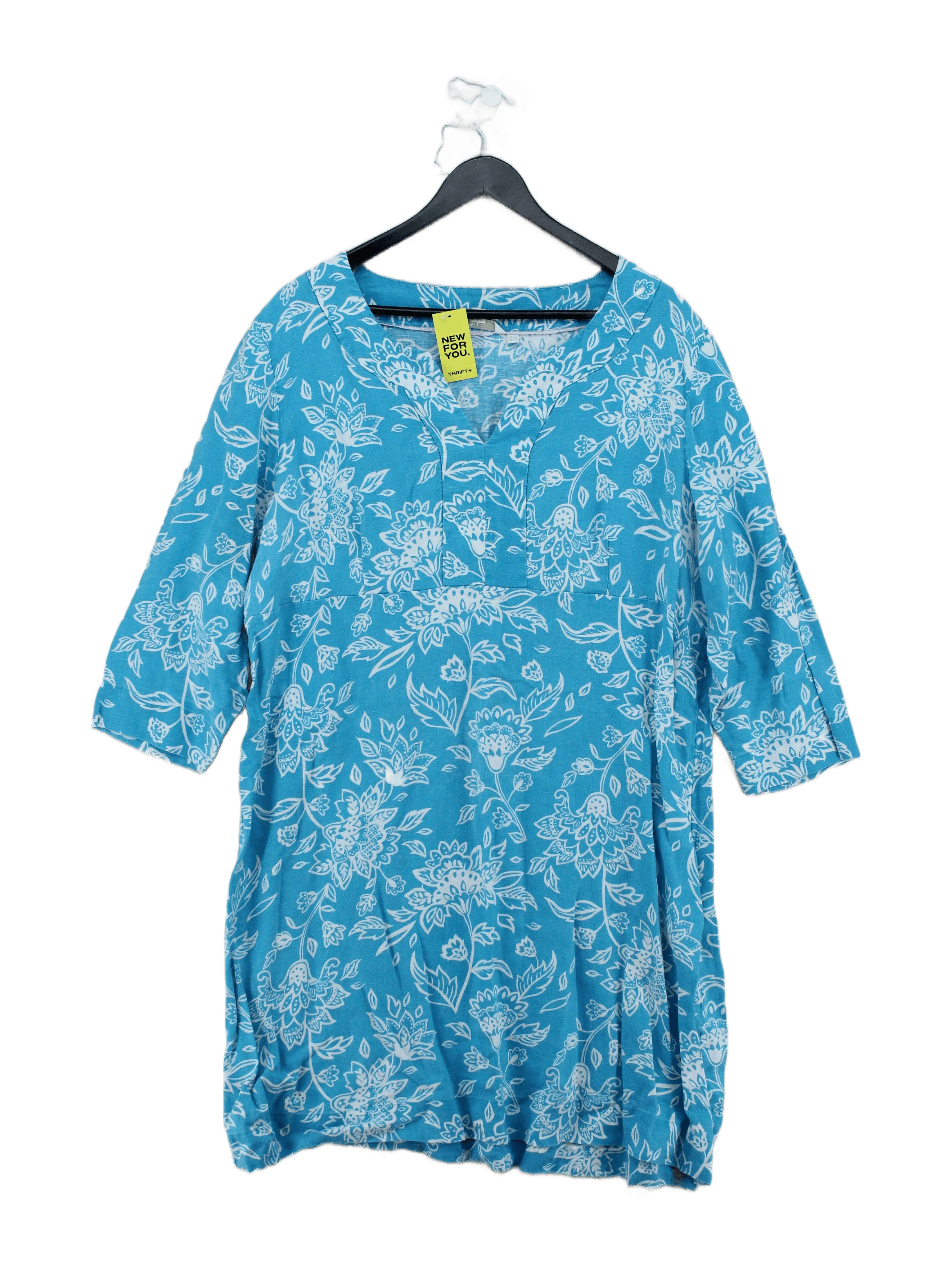 Boden Women's Top XXL Blue Floral 100% Linen 3/4 Sleeve V-Neck Tunic