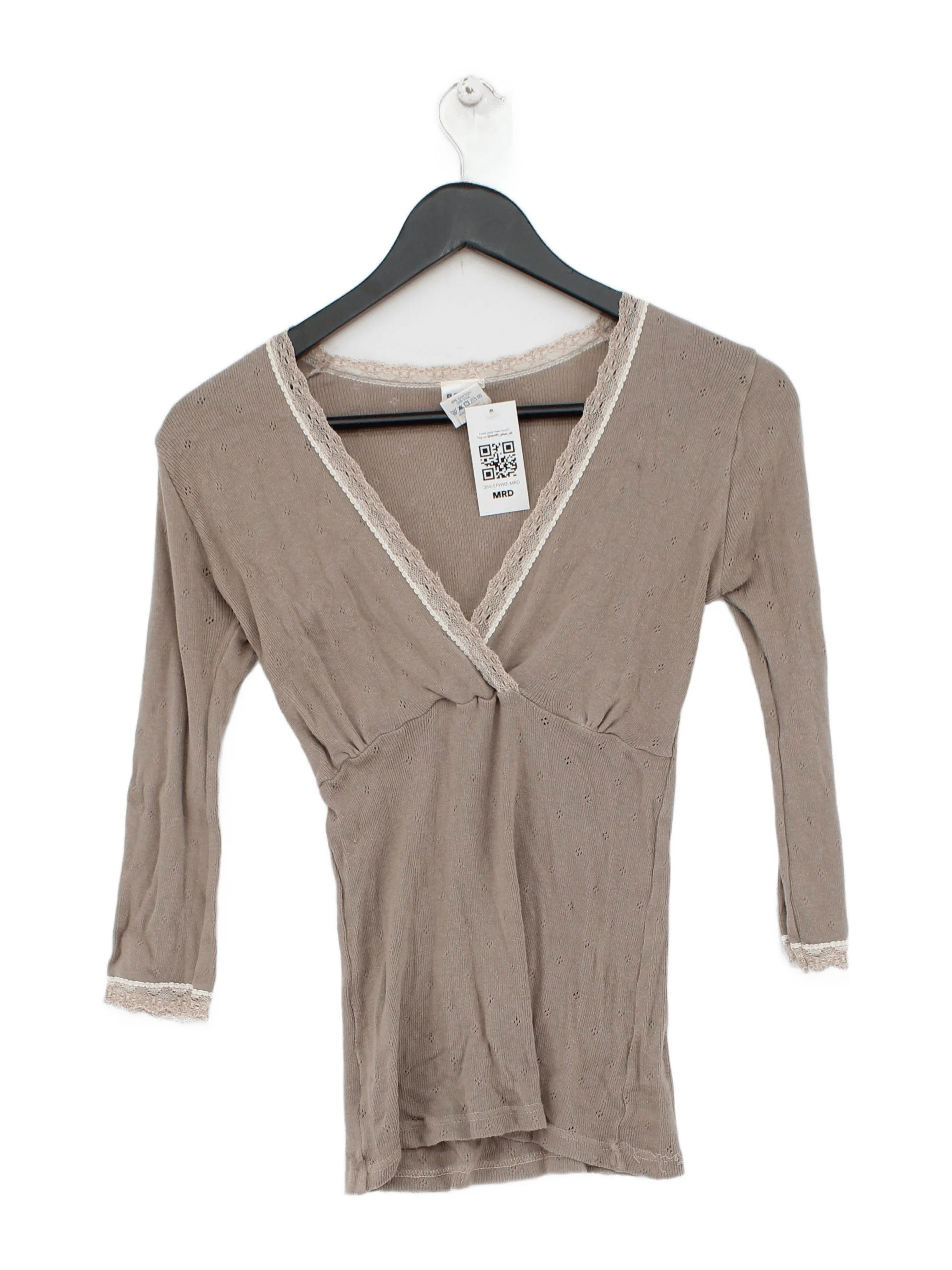 Brora Women's Top UK 12 Brown Cotton with Silk 3/4 Sleeve V-Neck Basic