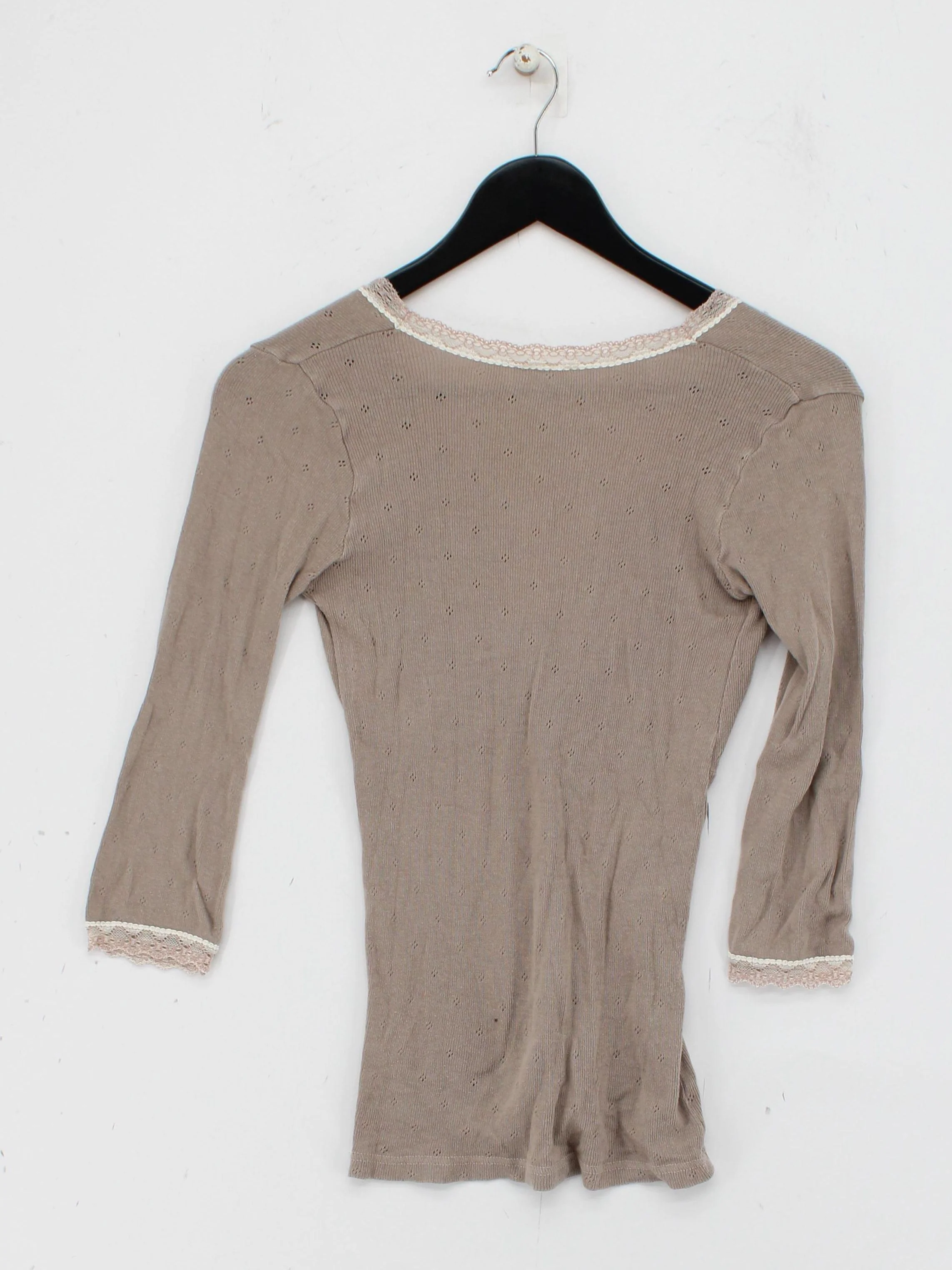 Brora Women's Top UK 12 Brown Cotton with Silk 3/4 Sleeve V-Neck Basic - Image 2