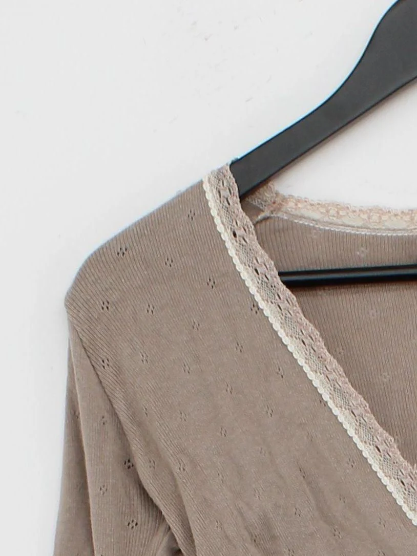 Brora Women's Top UK 12 Brown Cotton with Silk 3/4 Sleeve V-Neck Basic - Image 4