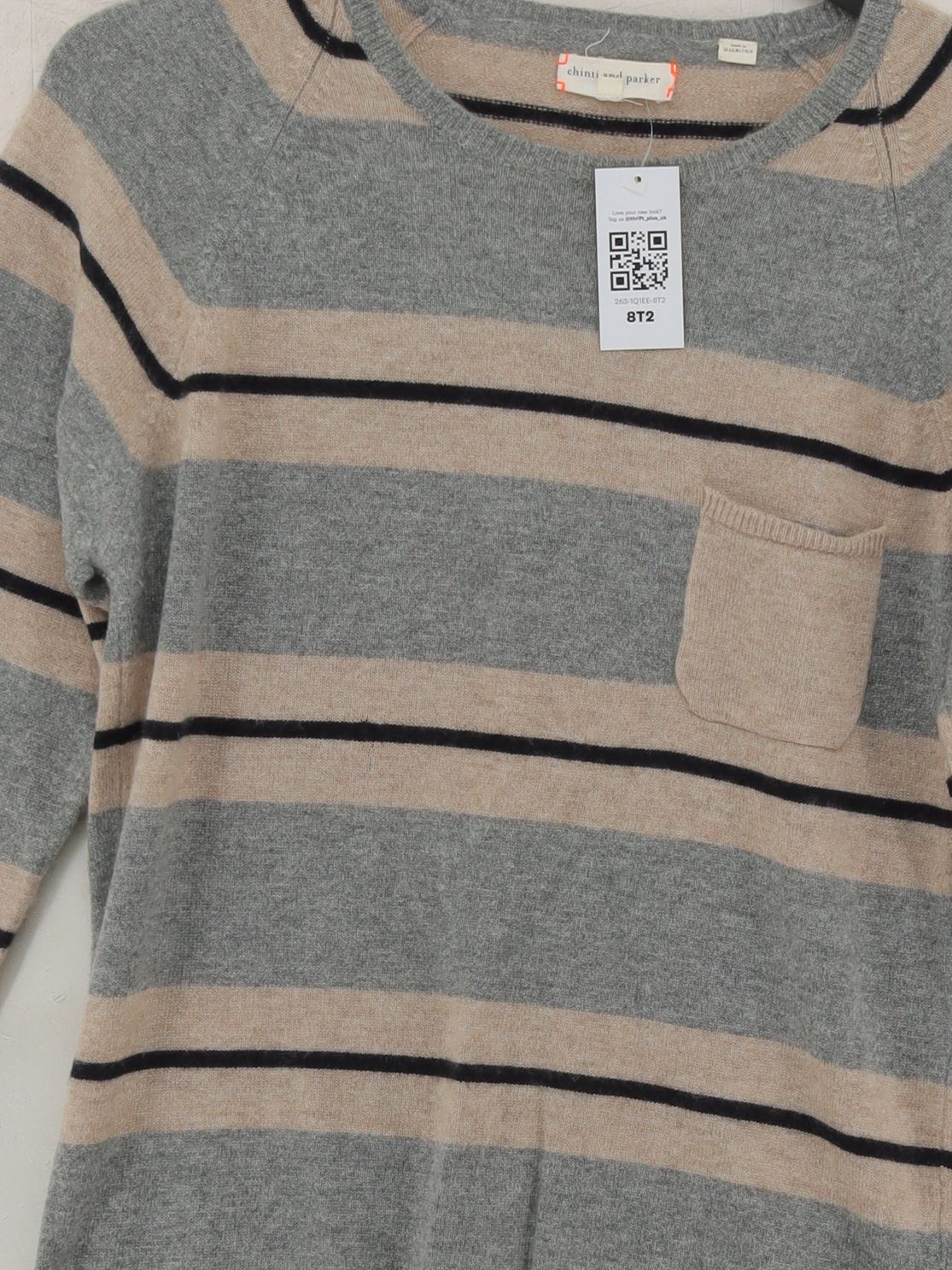 CHINTI & PARKER Women's Jumper L Grey Striped 100% Wool Round Neck Pullover - Image 3