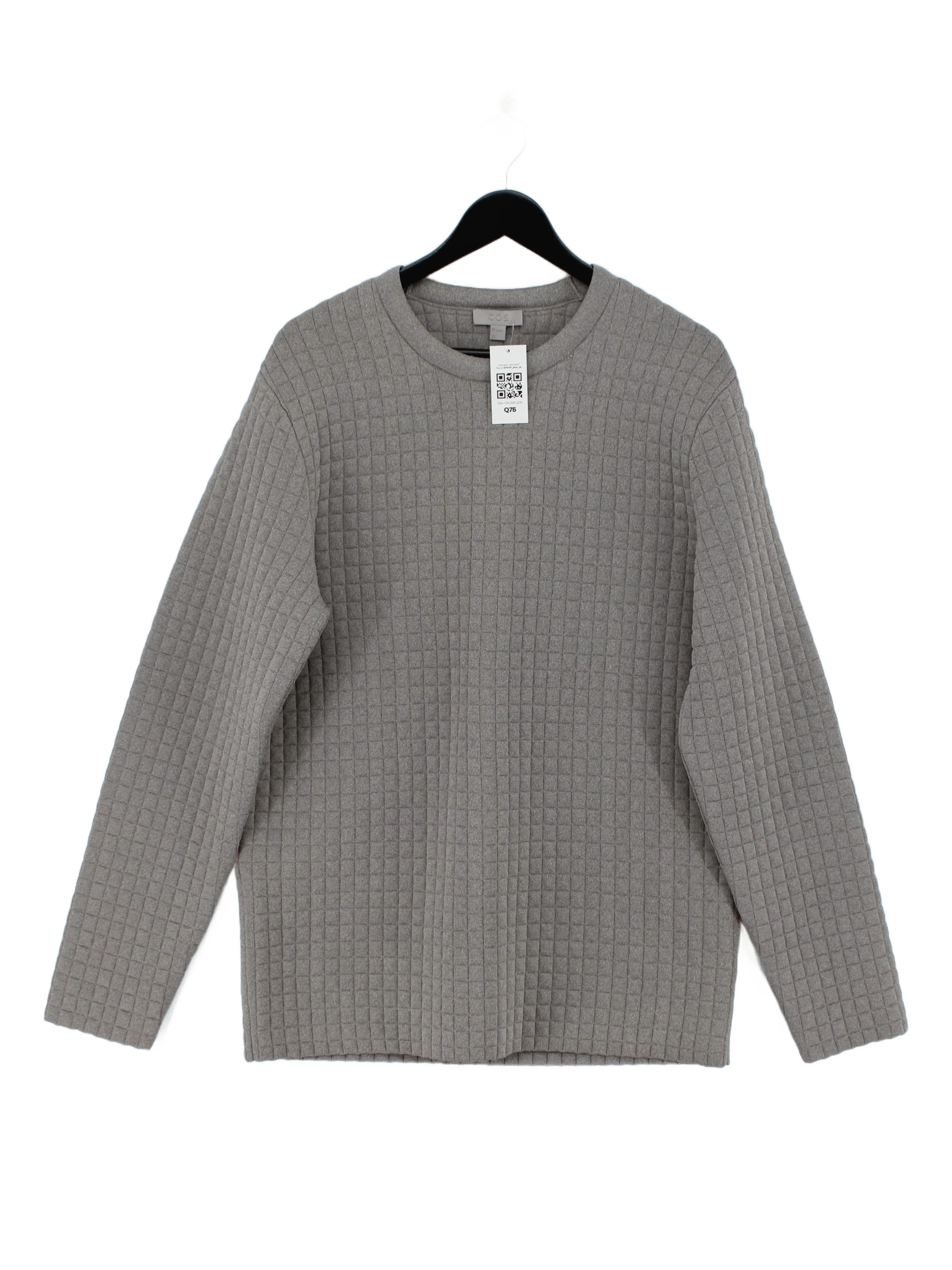 COS Men's Hoodie L Grey Geometric Viscose with Polyester, Polyamide Pullover