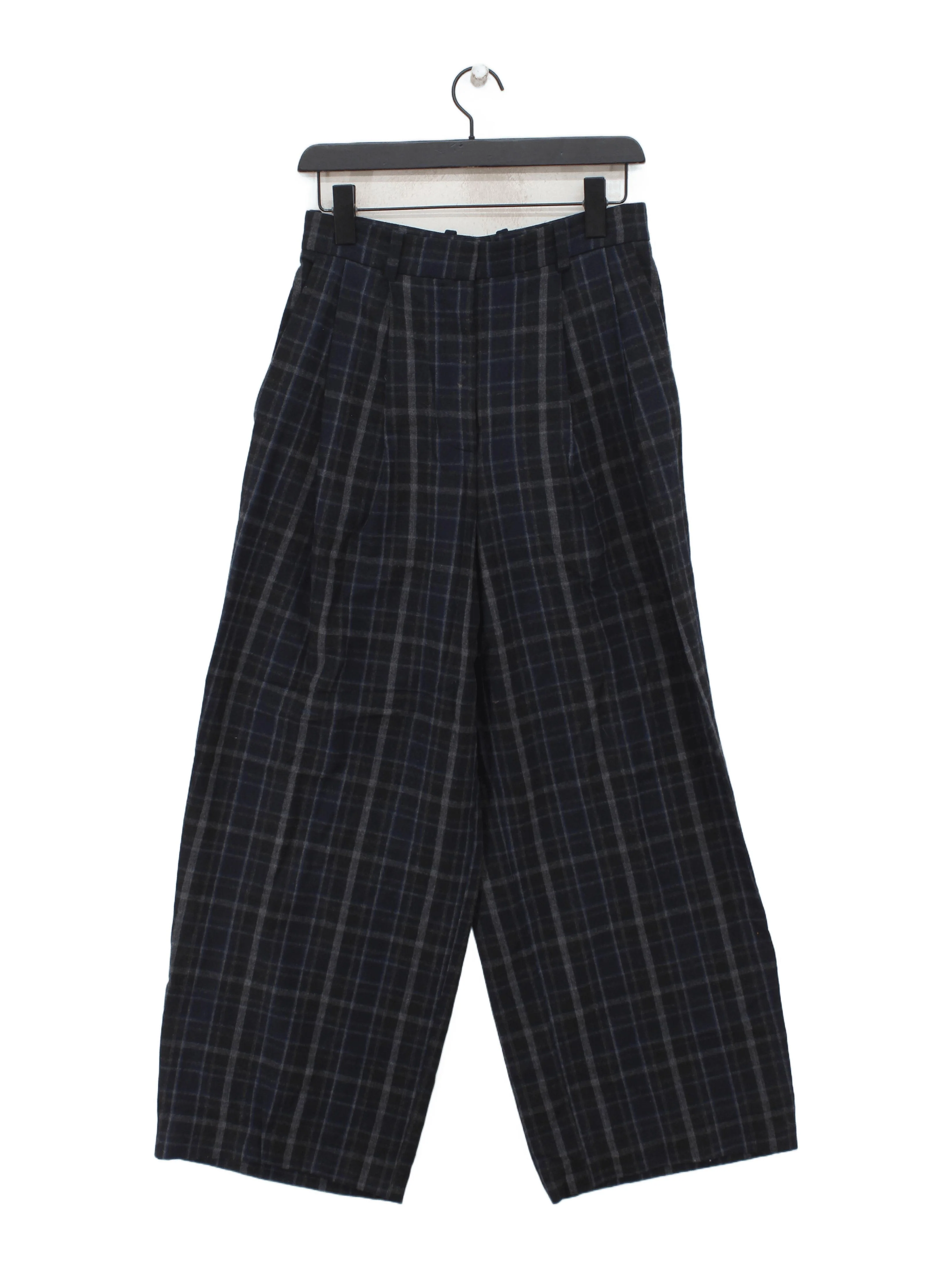 COS Women's Trousers UK 10 Blue Checkered Wool with Elastane Wide-Leg Cropped