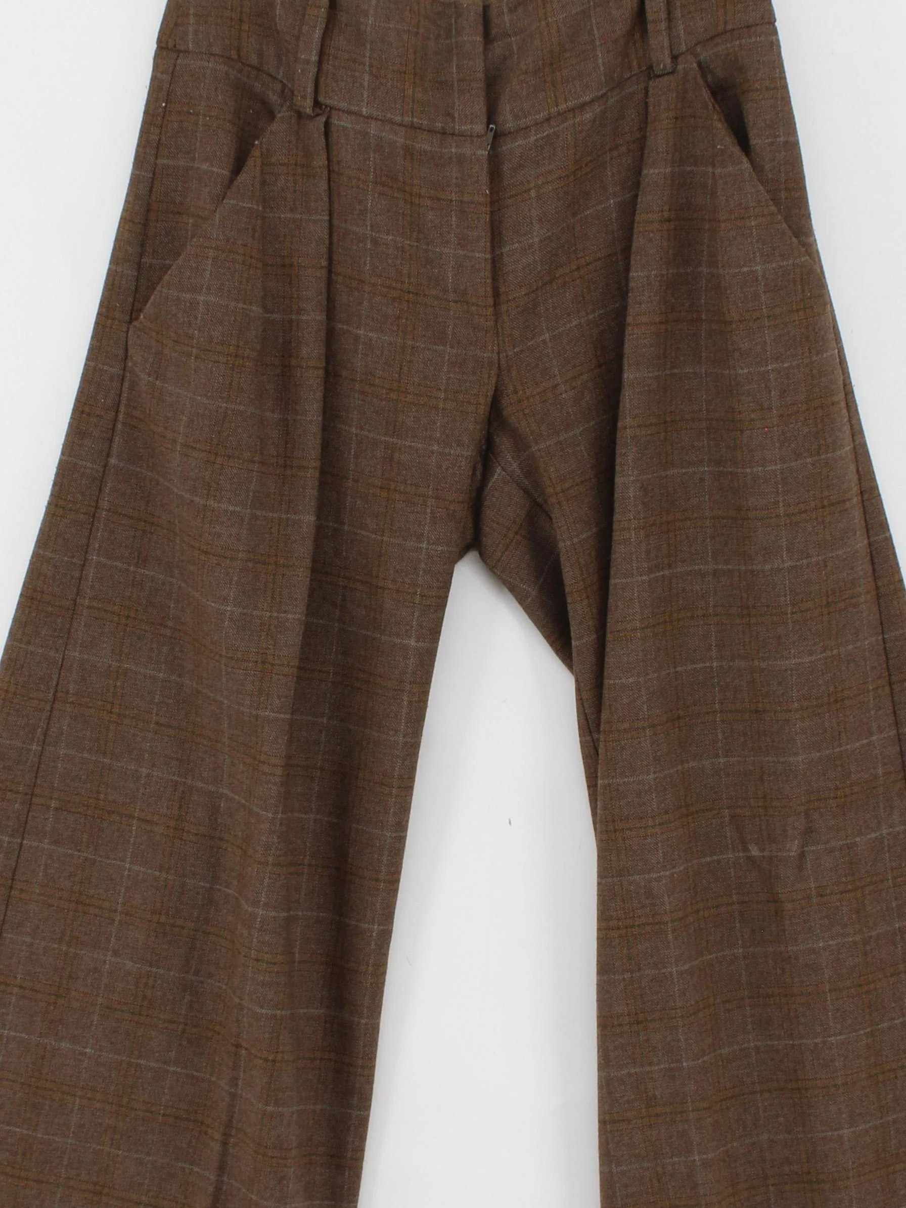 Cue Women's Trousers UK 10 Brown Checkered 100% Wool Wide-Leg Chino - Image 3