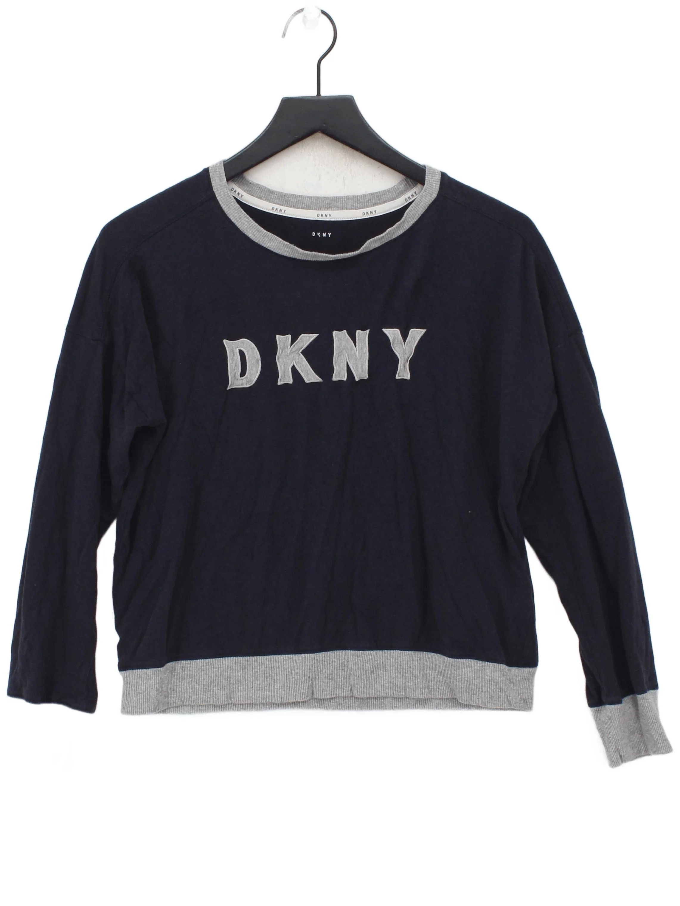 DKNY Women's Hoodie L Blue Graphic Cotton with Viscose Pullover