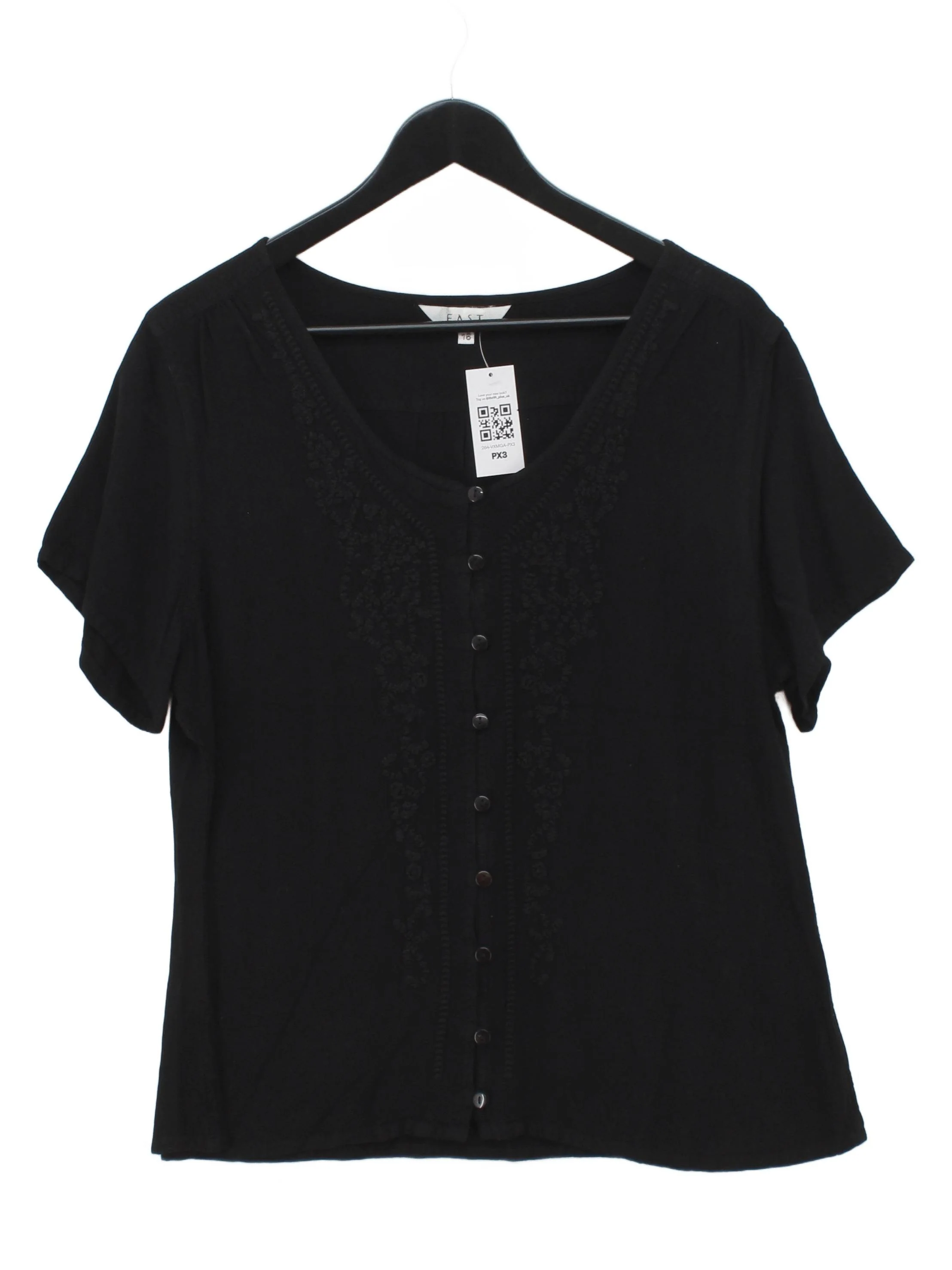 East Women's Top UK 16 Black 100% Viscose Short Sleeve V-Neck Basic