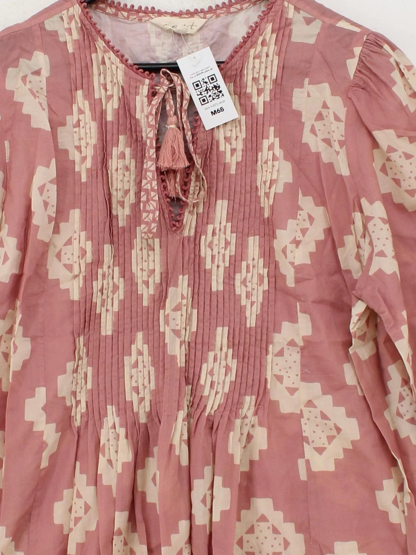 East Women's Top UK 18 Pink Geometric 100% Cotton Long Sleeve V-Neck Tunic - Image 3