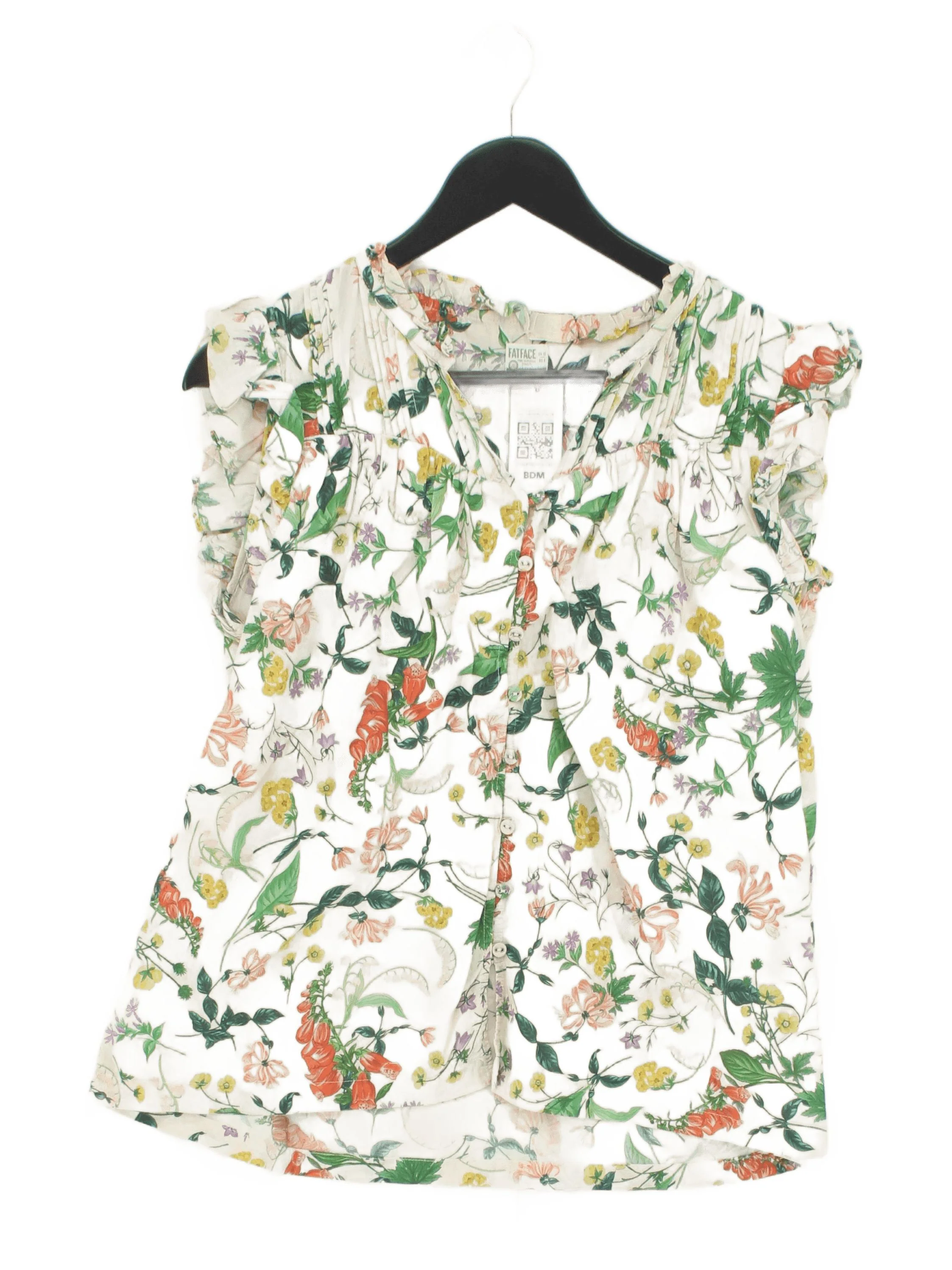 Fat Face Women's Blouse UK 12 Cream Floral 100% Cotton Short Sleeve V-Neck Basic