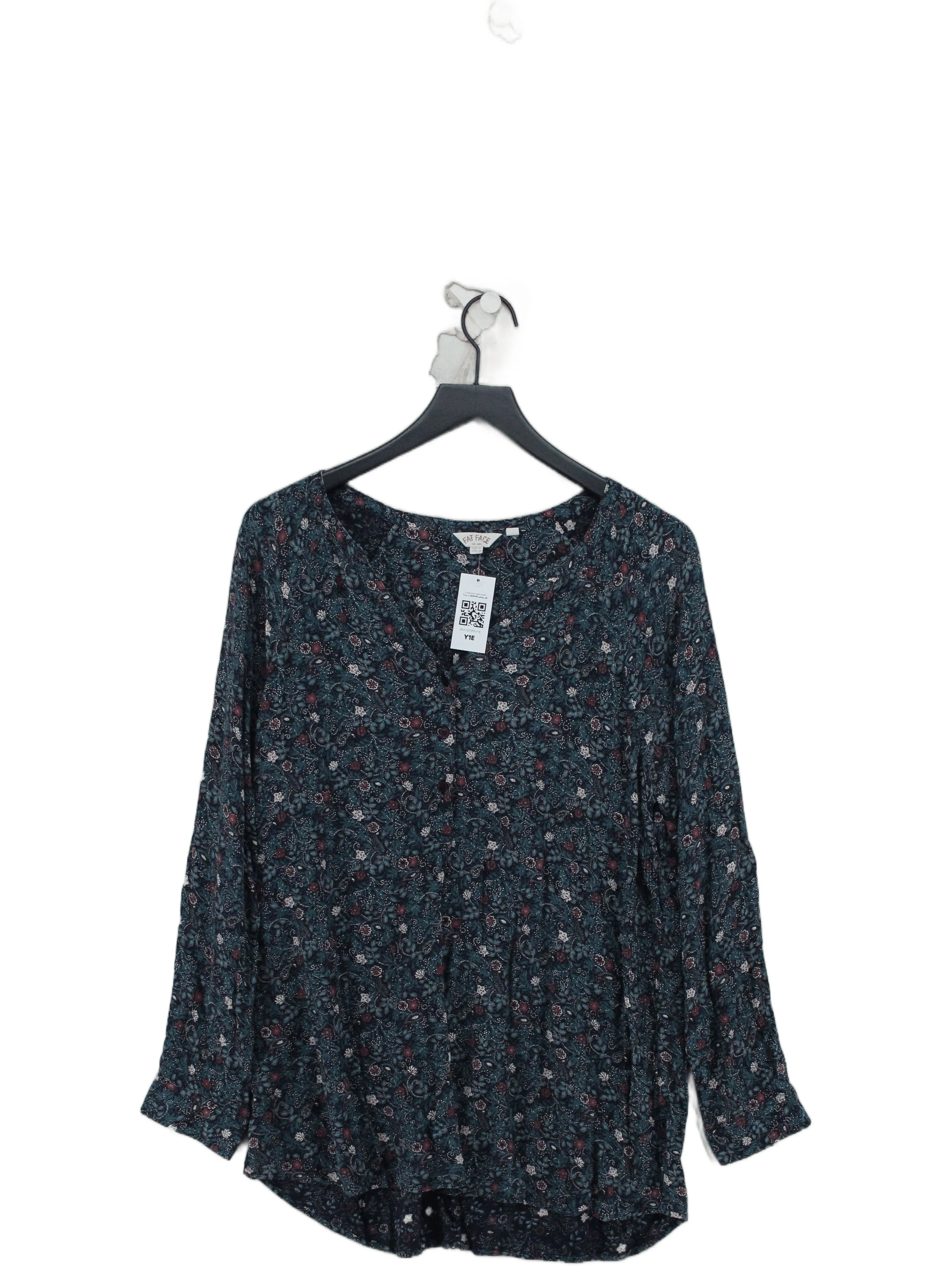 Fat Face Women's Top L Blue Floral 100% Viscose Long Sleeve V-Neck Basic
