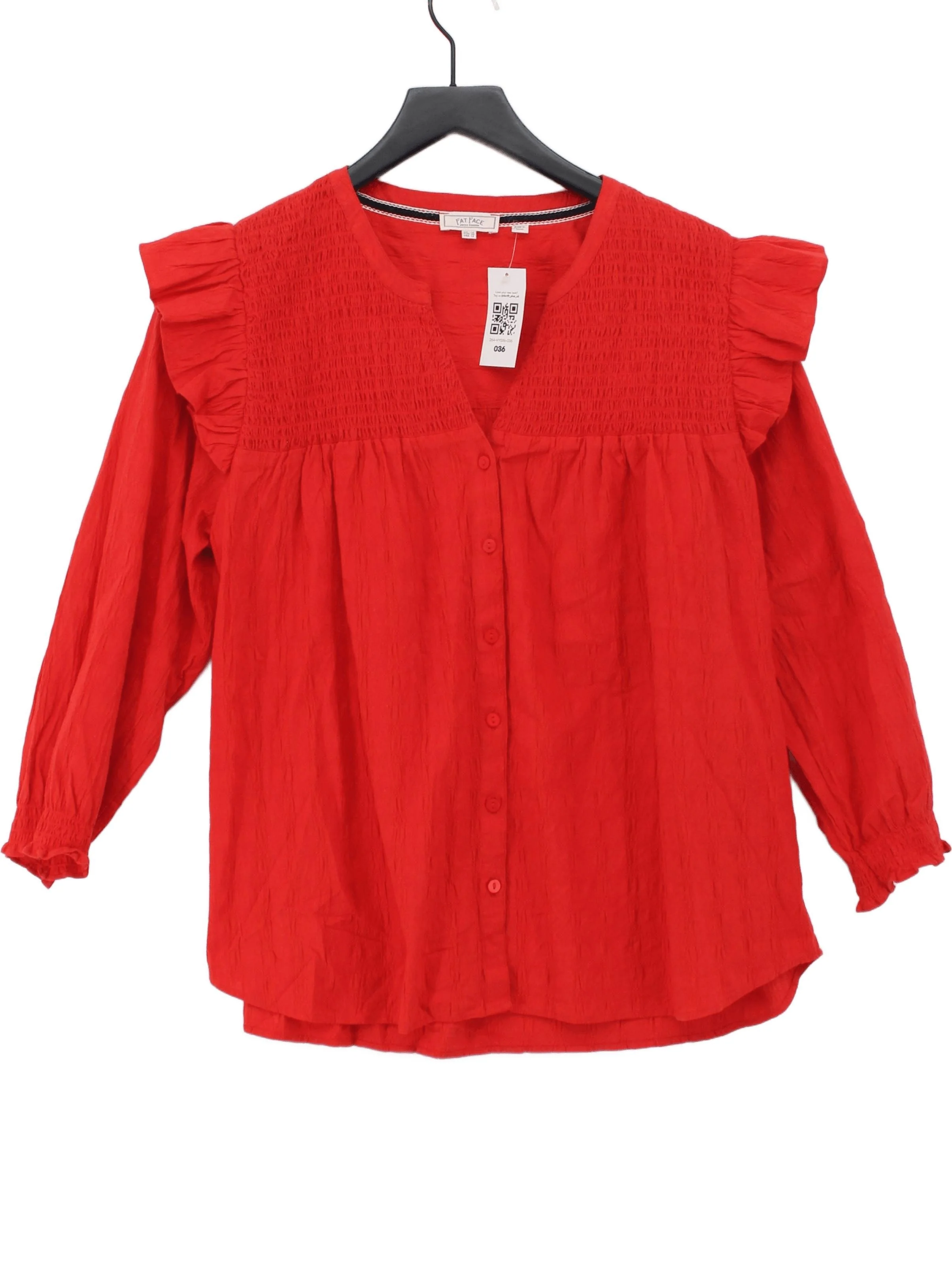 Fat Face Women's Top UK 16 Red Cotton with Elastane Long Sleeve V-Neck Basic