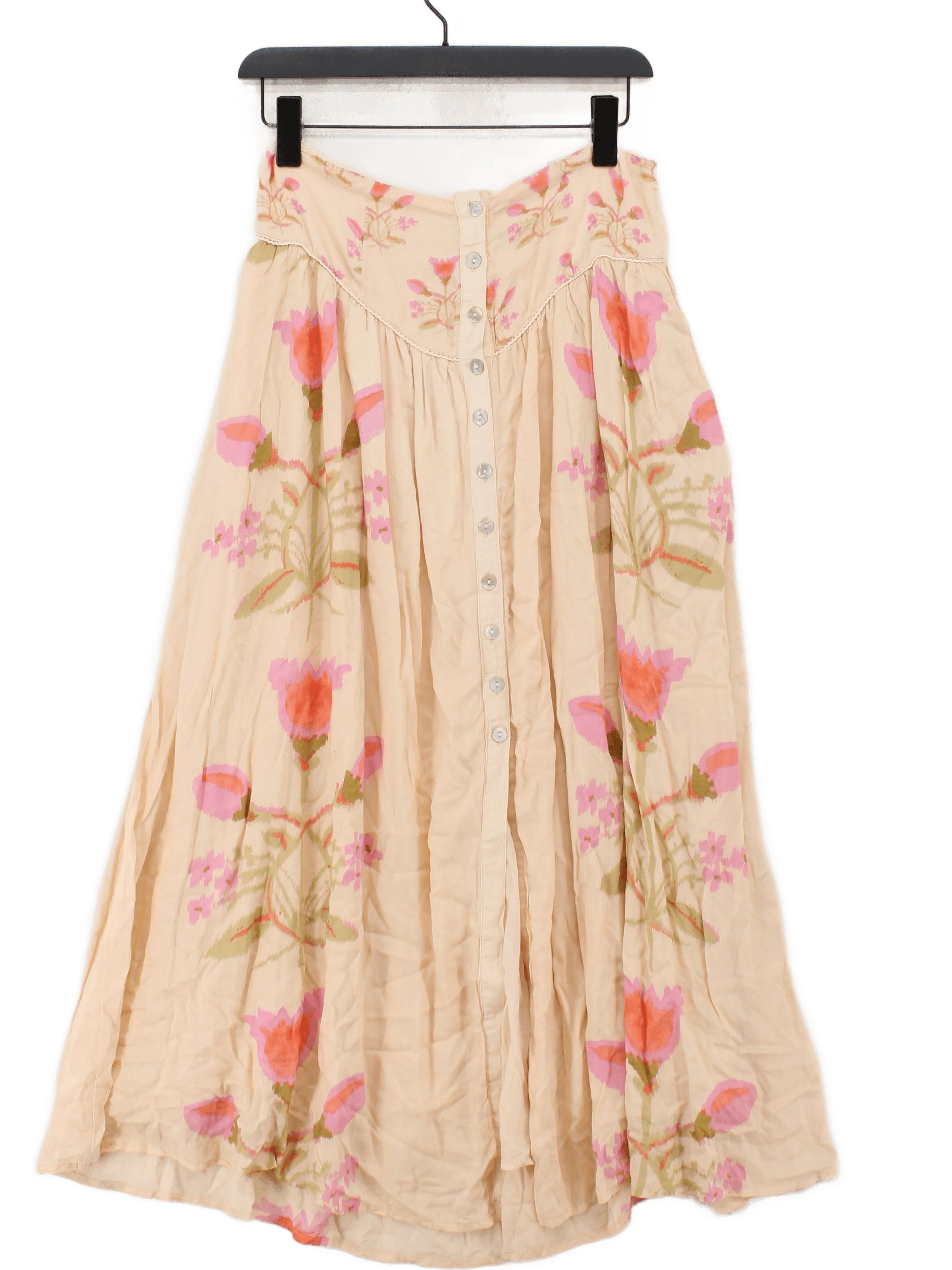 Free People Women's Maxi Skirt S Cream Floral 100% Viscose Long Maxi