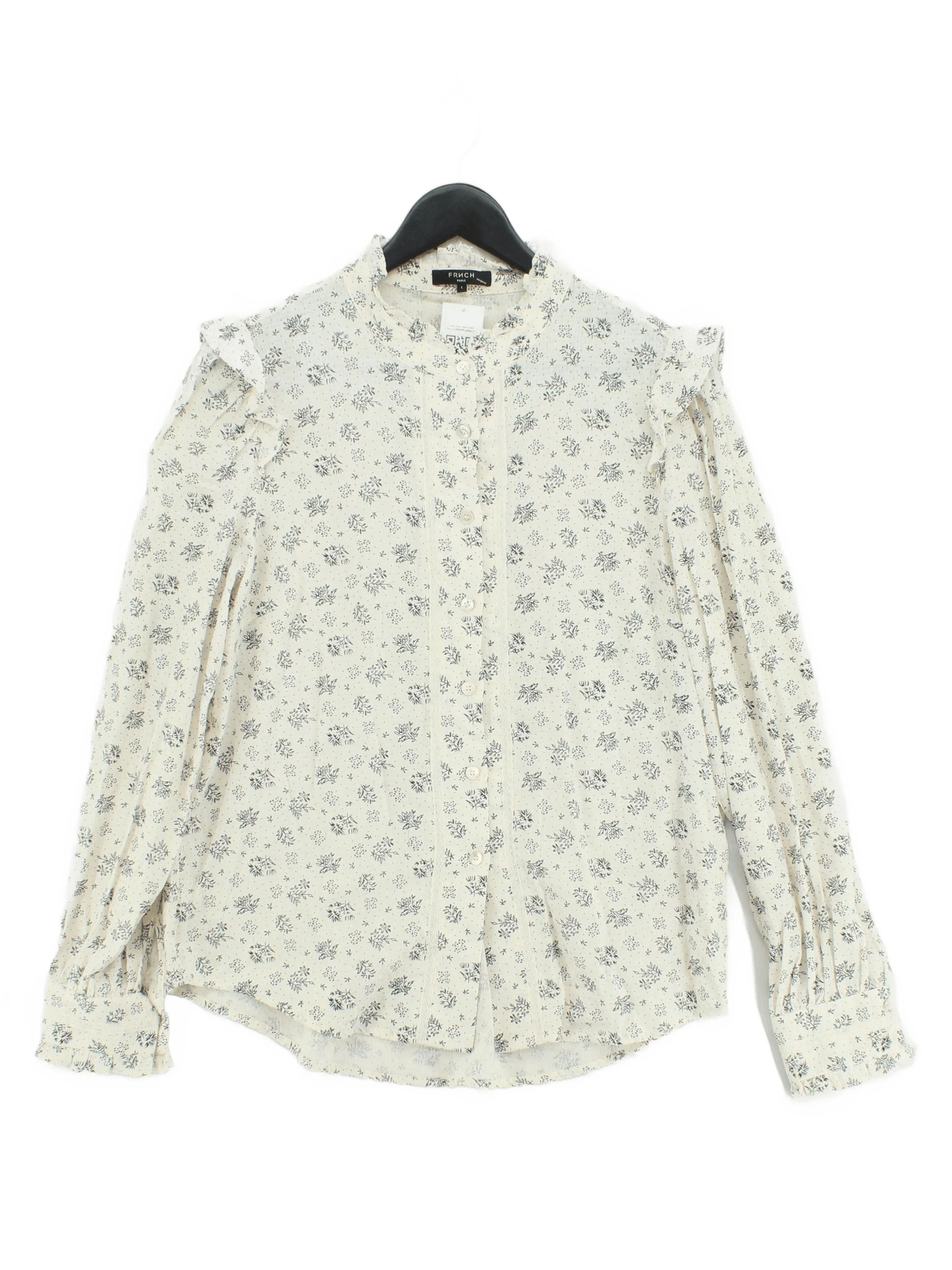 Frnch Women's Top L Cream Floral 100% Cotton Long Sleeve Collared Basic