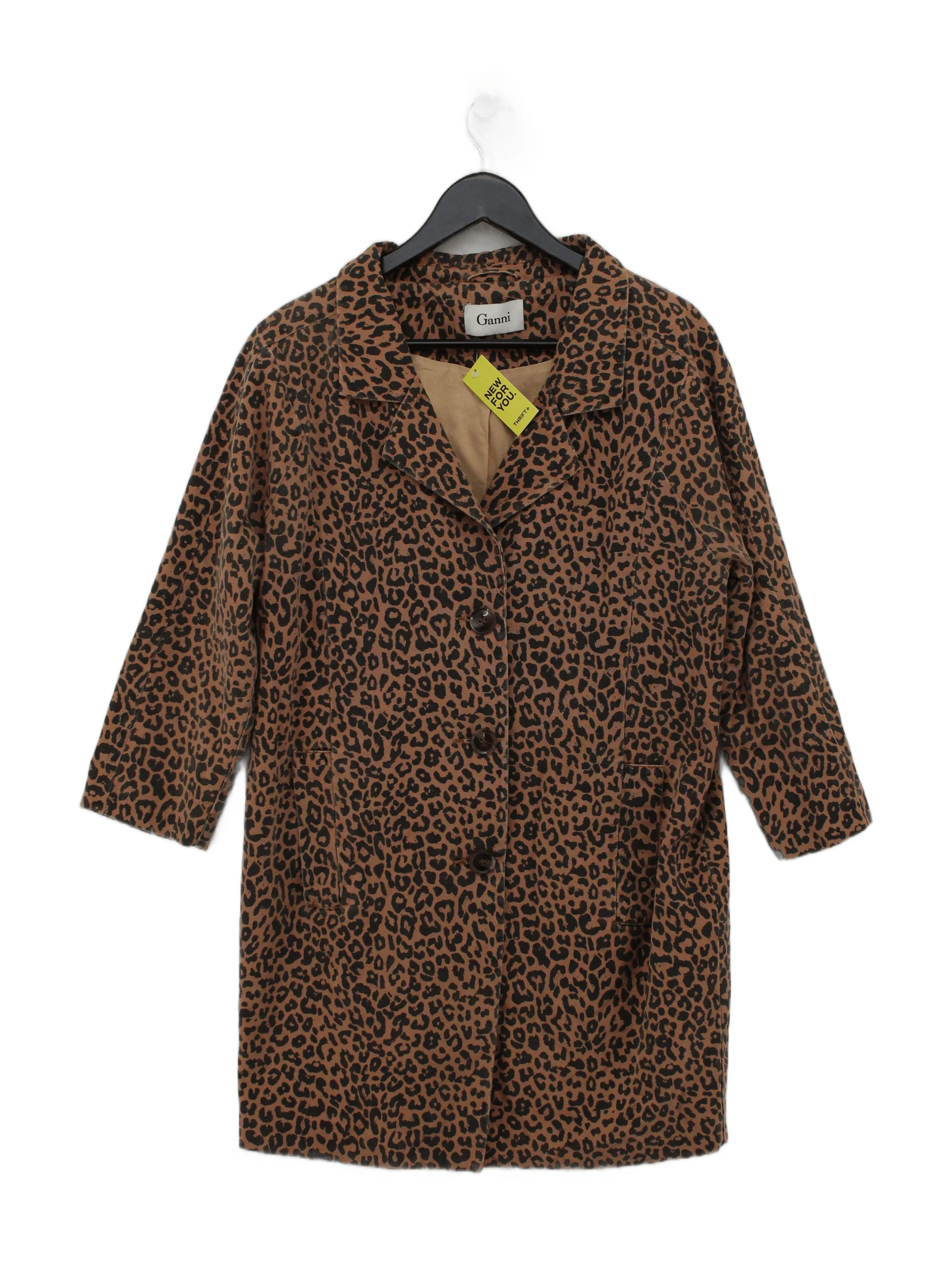 Ganni Women's Coat L Brown Animal Print 100% Cotton Overcoat