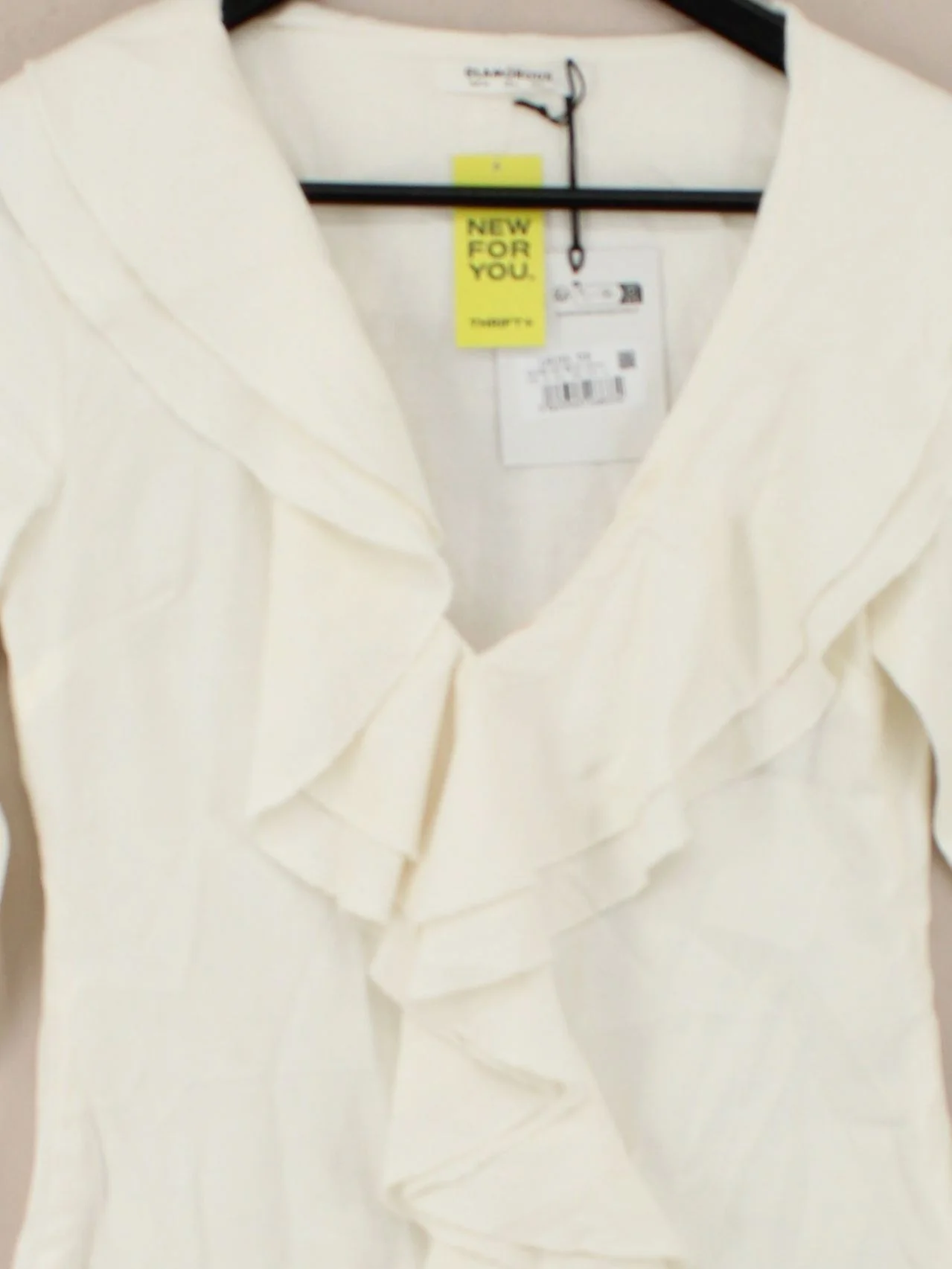 Glamorous Women's Top UK 8 Cream Polyester with Linen Long Sleeve V-Neck Basic - Image 3