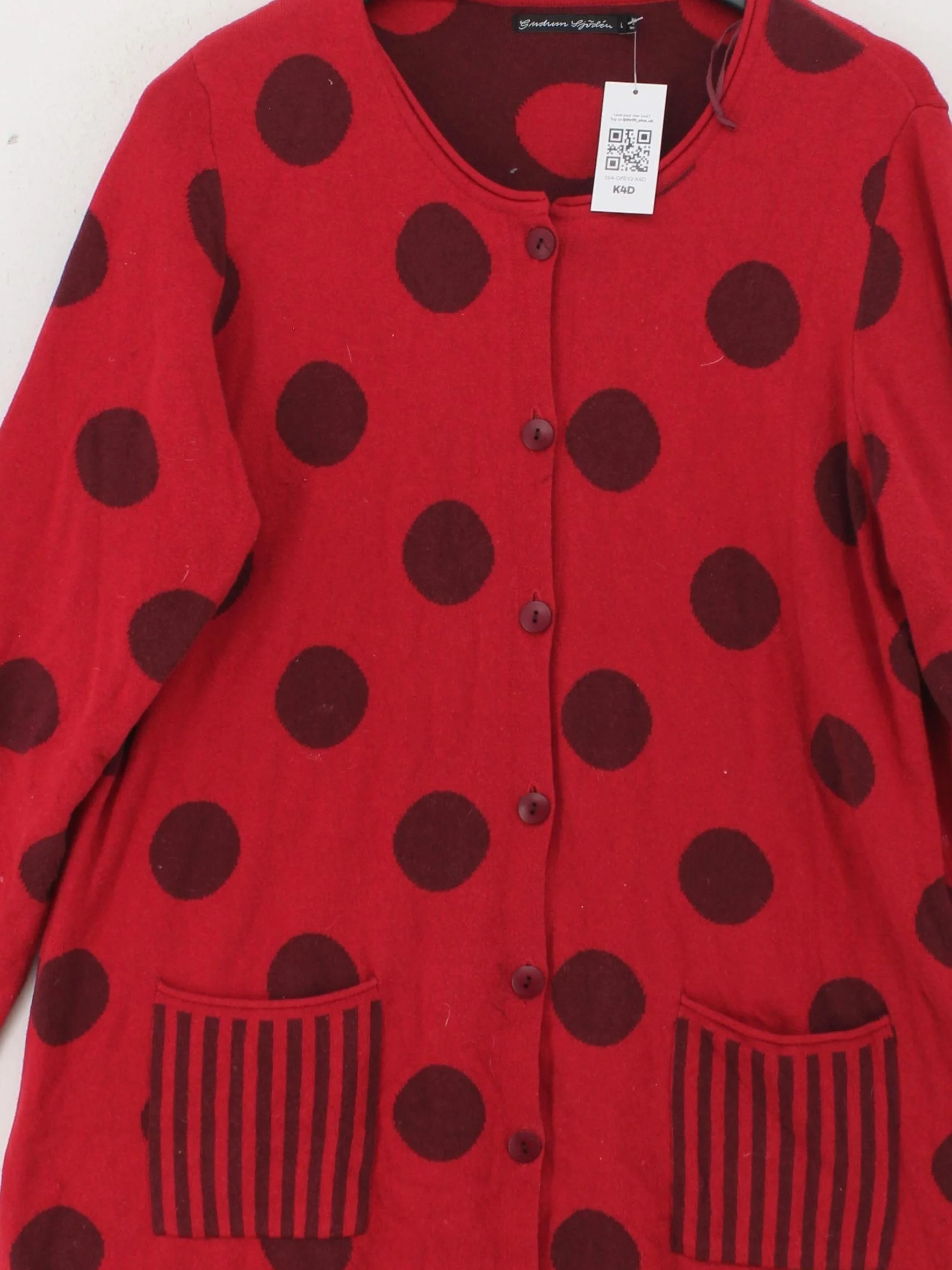 Gudrun Sjöden Women's Cardigan L Red Polkadot 100% Cotton Round Neck Cardigan - Image 3