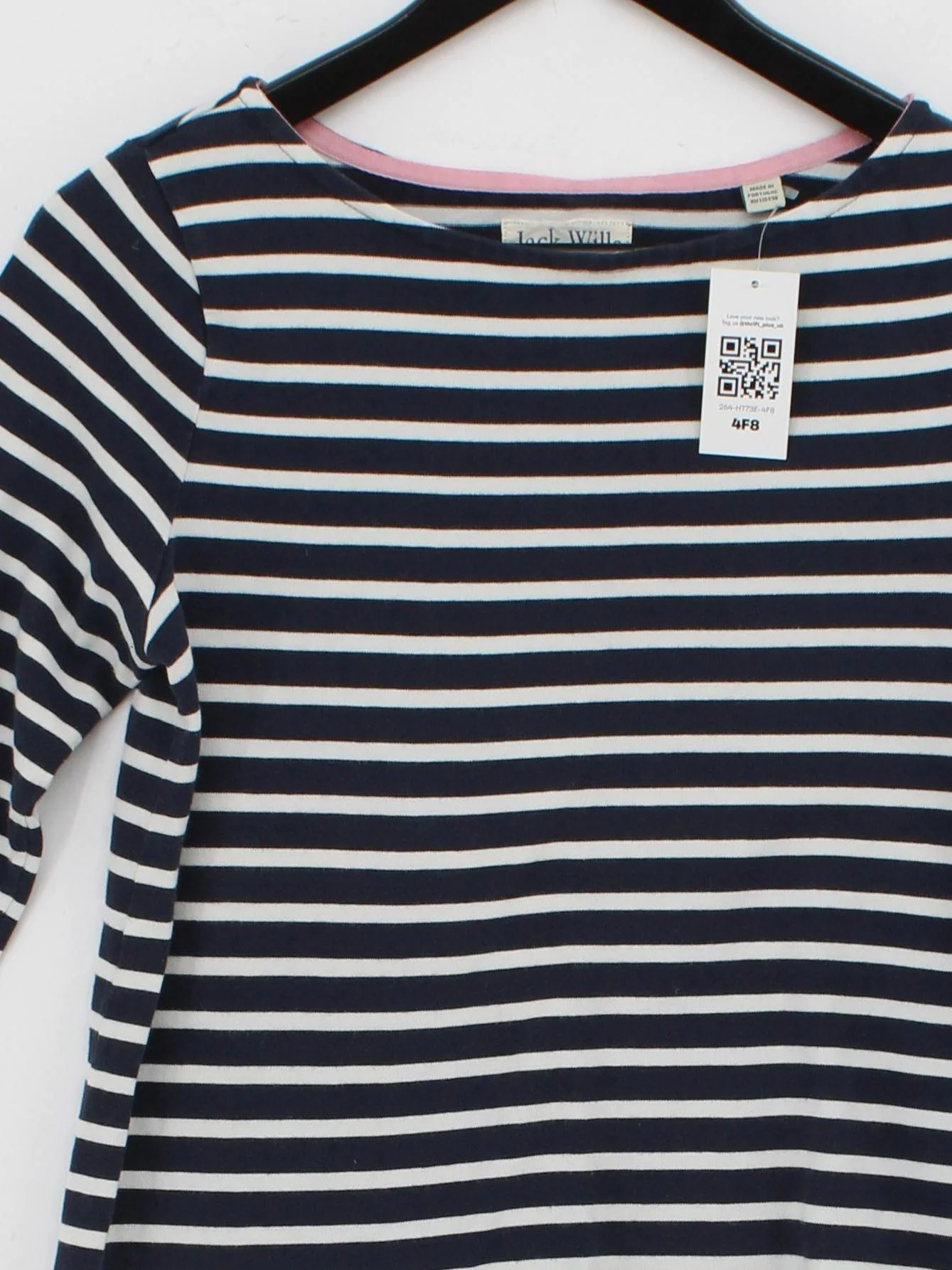 Jack Wills Women's Top UK 8 Blue Striped 100% Cotton 3/4 Sleeve Round Neck Basic - Image 3