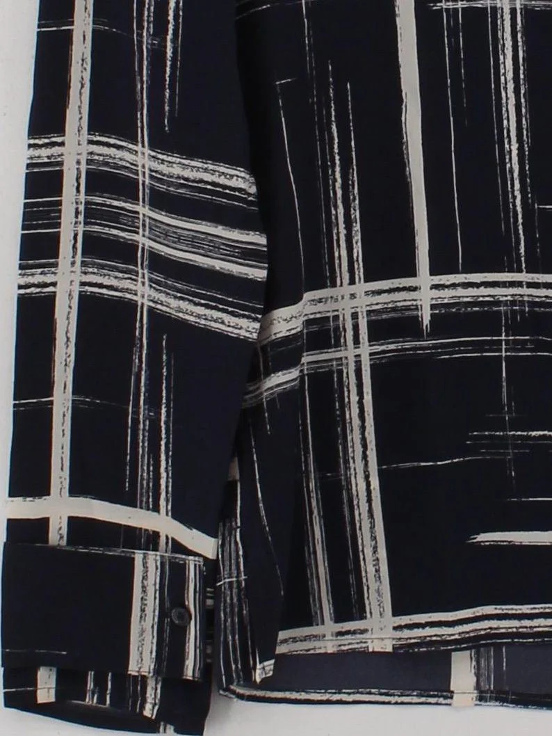 Jaeger Women's Blouse UK 6 Blue Geometric 100% Silk Long Sleeve V-Neck Basic - Image 4