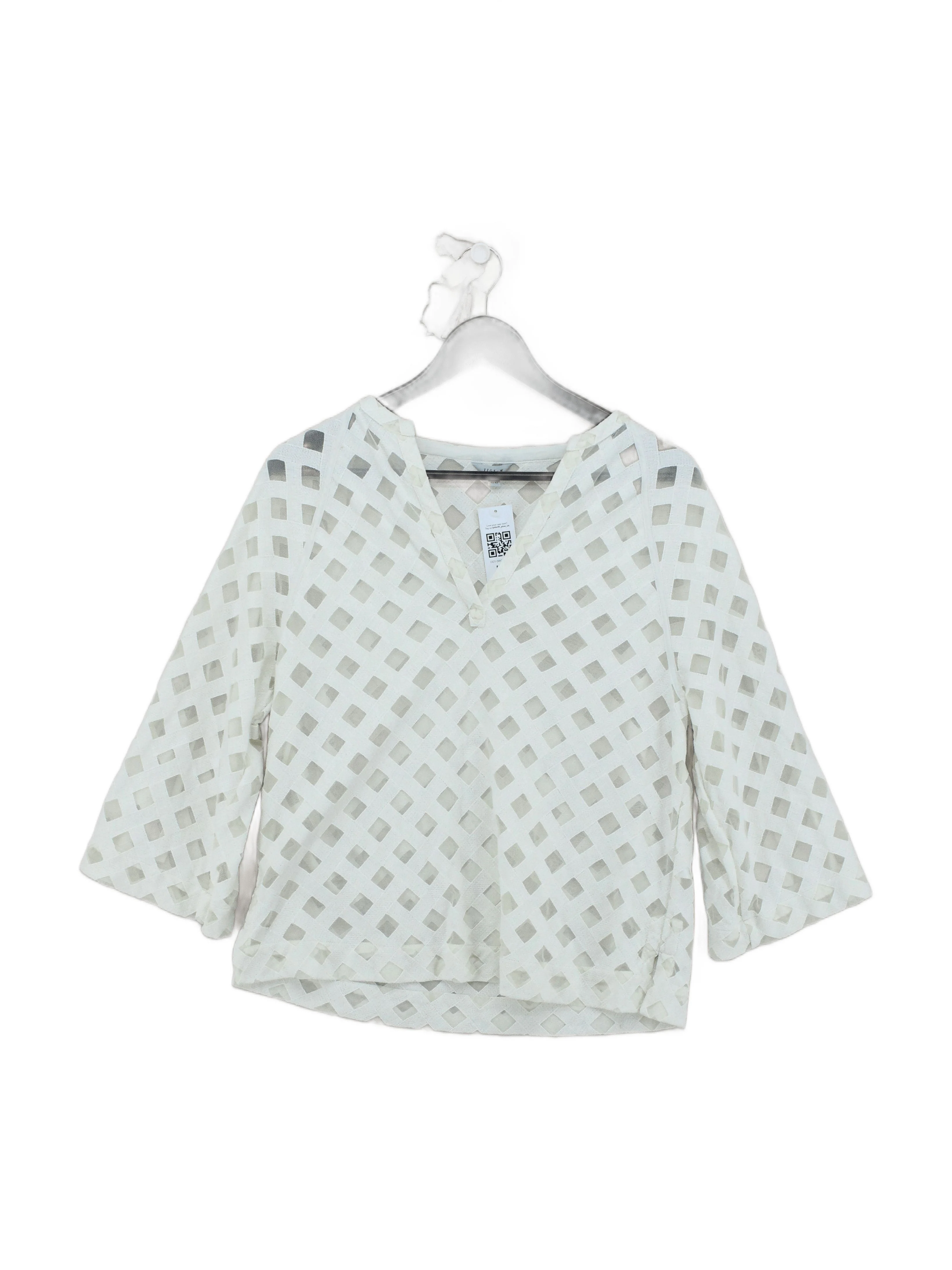 Jigsaw Women's Top UK 14 White Cotton with Nylon 3/4 Sleeve V-Neck Basic