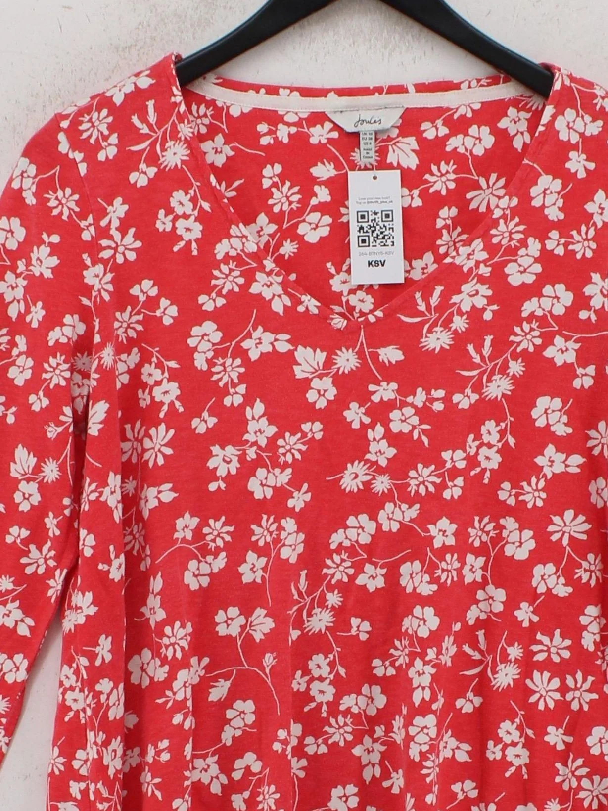 Joules Women's Top UK 10 Red Floral 100% Cotton Long Sleeve Round Neck Basic - Image 3
