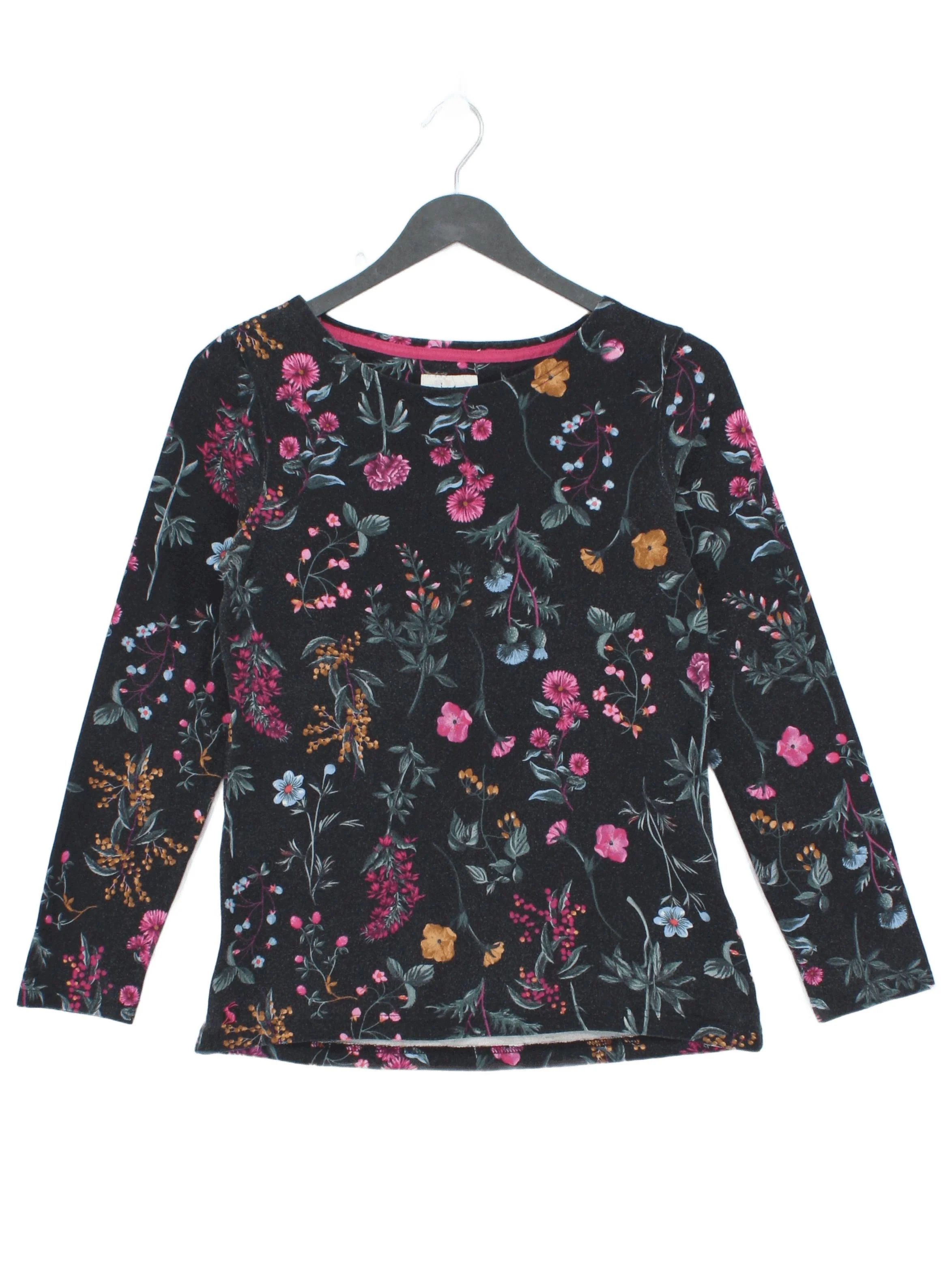 Joules Women's Top UK 8 Black Floral 100% Cotton Long Sleeve Round Neck Jersey