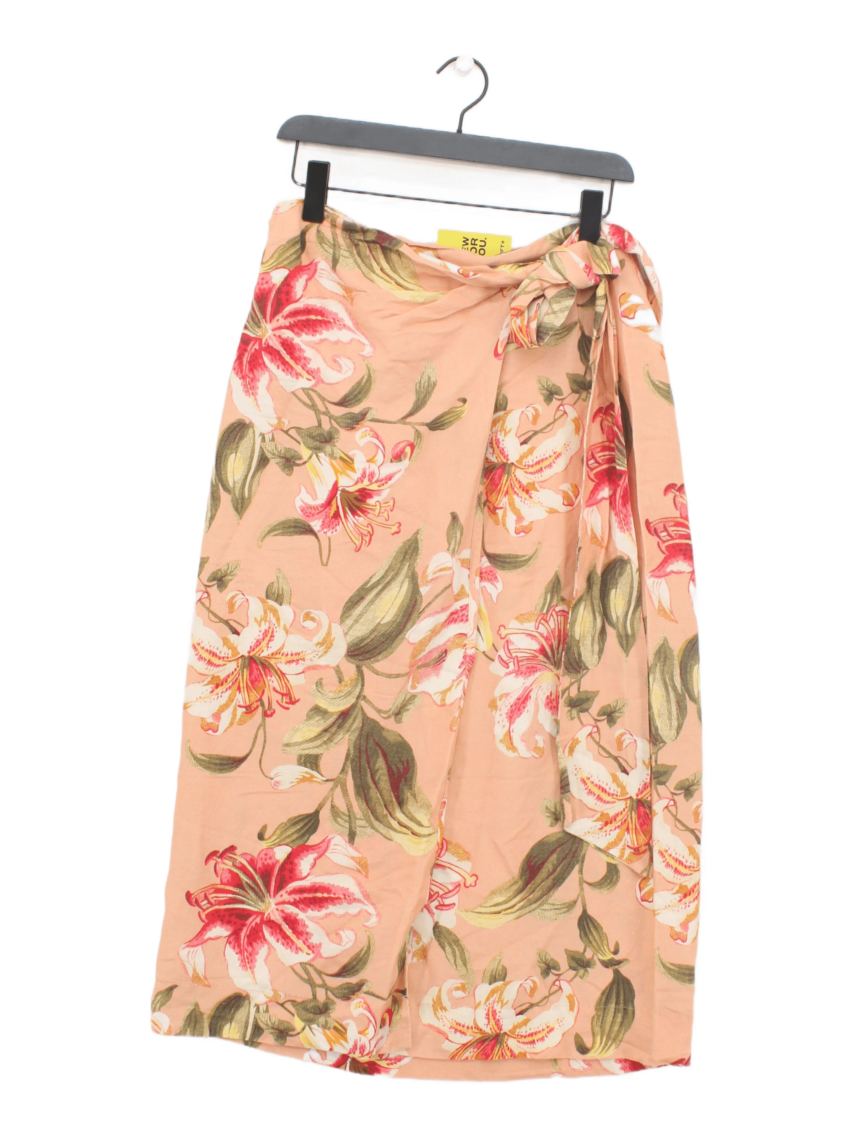 Karen Millen Women's Midi Skirt UK 12 Pink Floral Linen with Viscose Midi Wrap