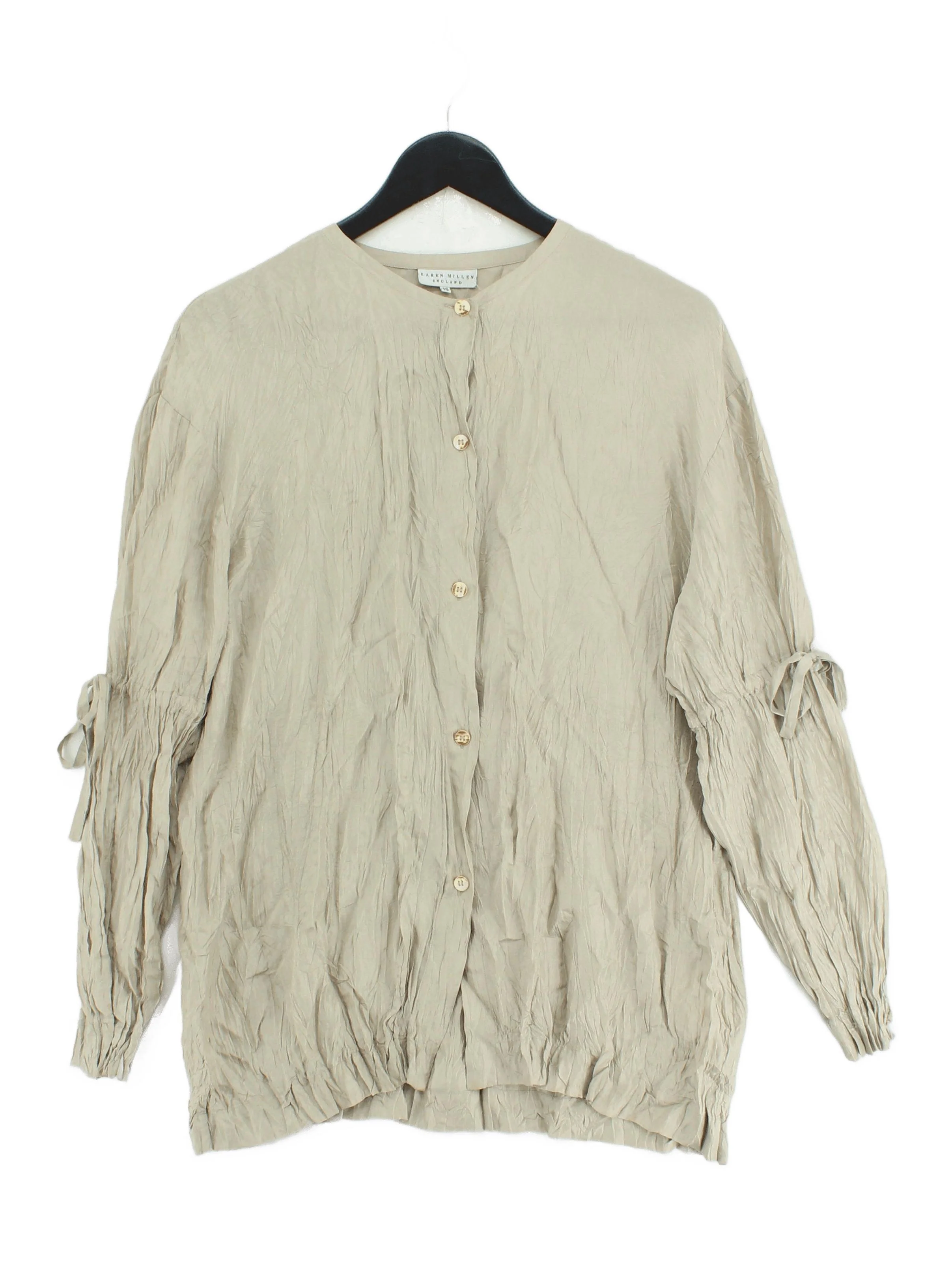 Karen Millen Women's Top UK 10 Tan 100% Silk Long Sleeve Round Neck Basic