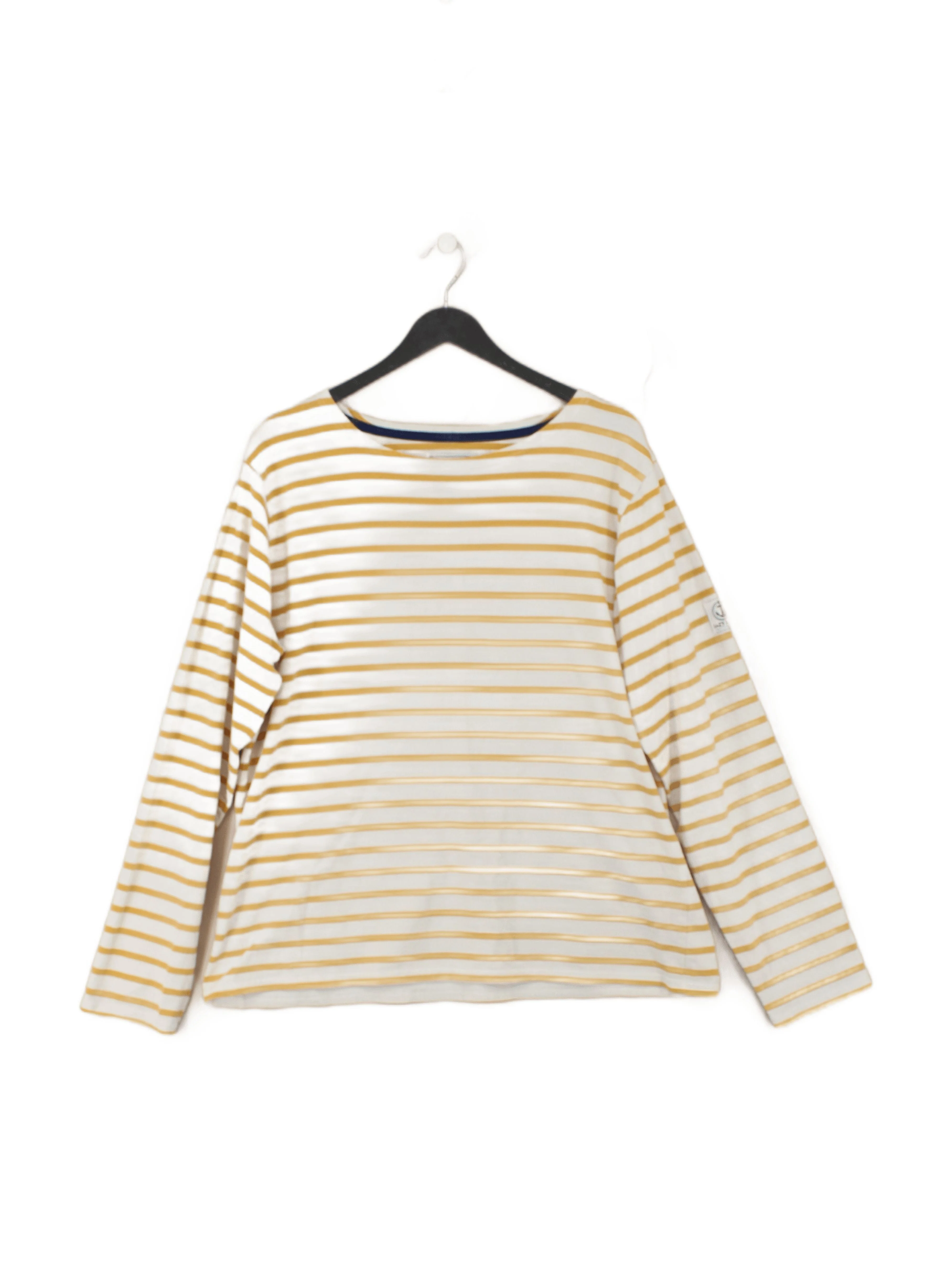 Lazy Jacks Women's Top L Cream Striped 100% Cotton Long Sleeve Round Neck Basic