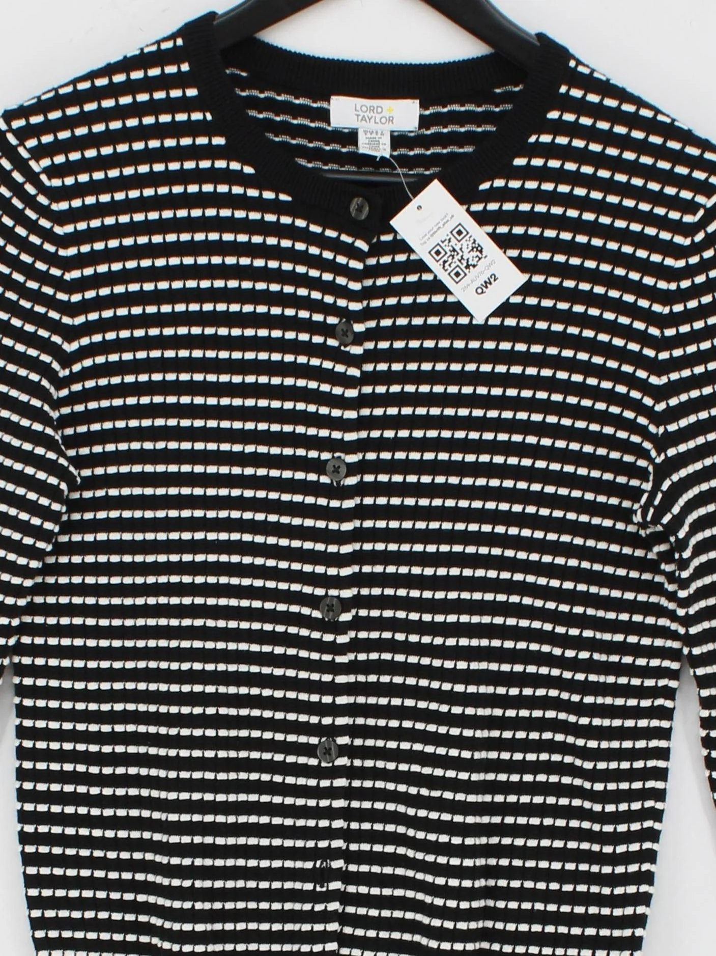 Lord & Taylor Women's Cardigan S Black Striped 100% Cotton Round Neck Cardigan - Image 3
