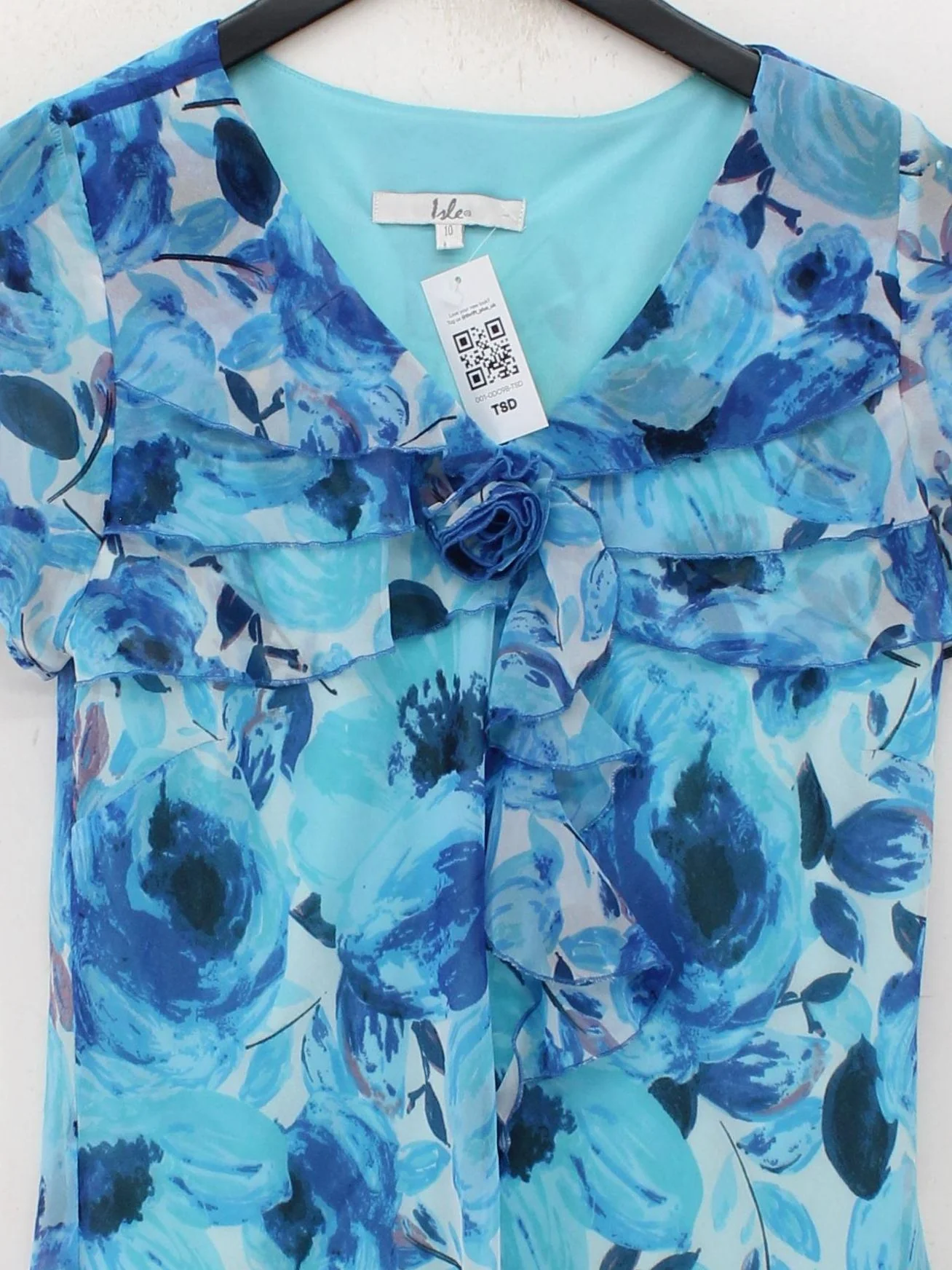 Lulu Women's Top UK 10 Blue Floral 100% Polyester Short Sleeve V-Neck Basic - Image 3