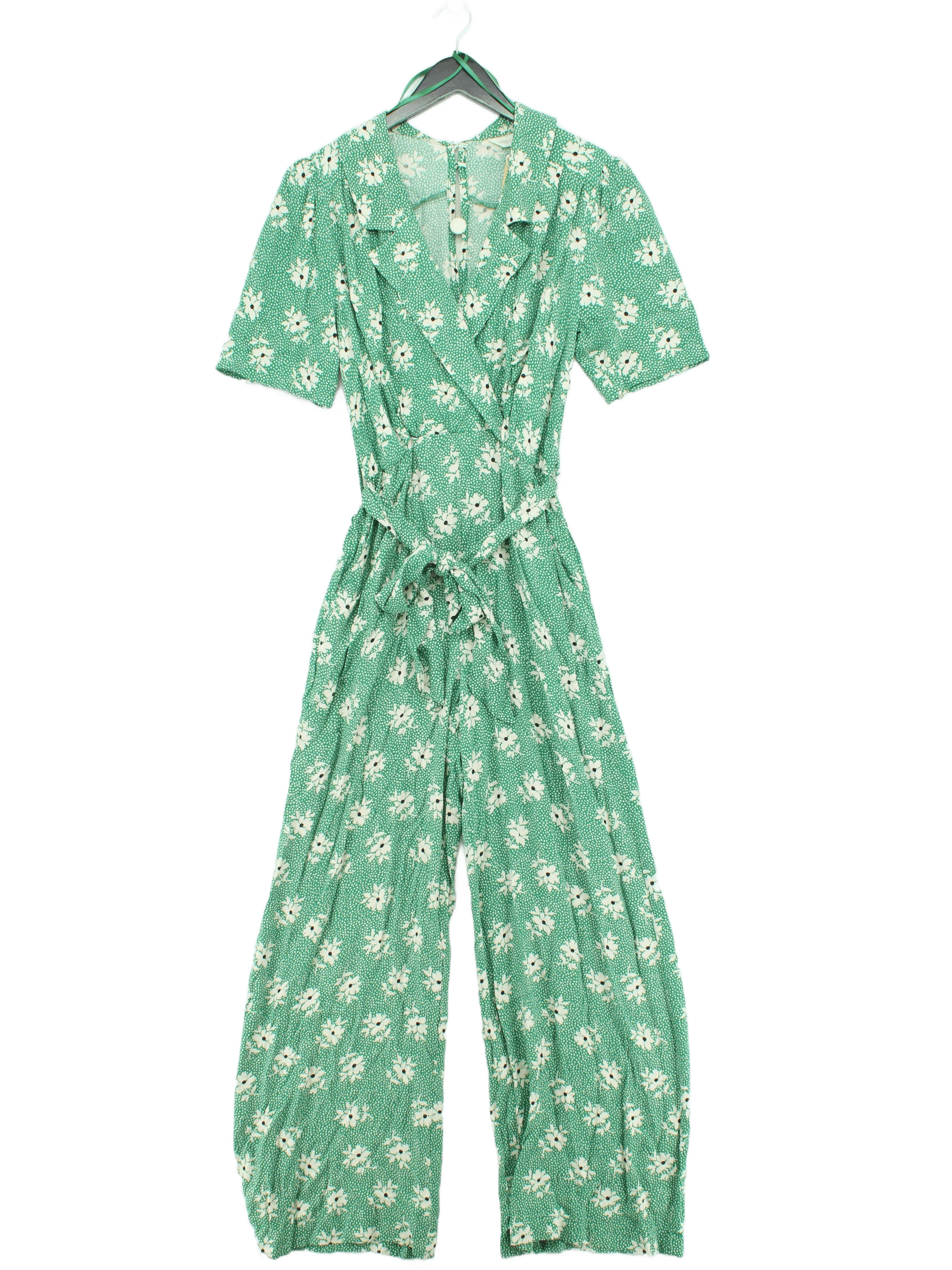 M&S Women's Jumpsuit UK 8 Green Floral 100% Viscose Wide-Leg Jumpsuit