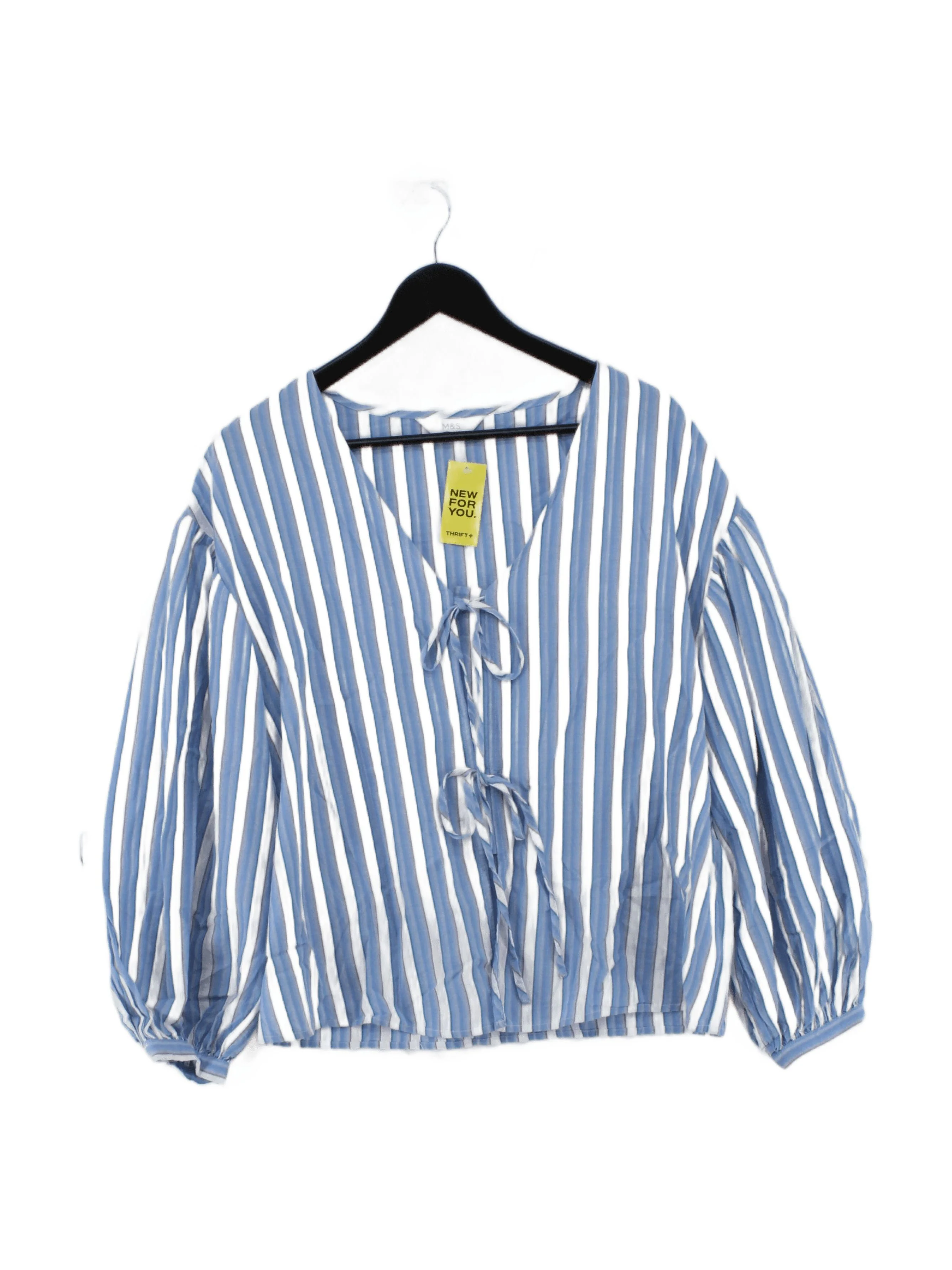 M&S Women's Top UK 14 Blue Striped 100% Cotton Long Sleeve V-Neck Basic