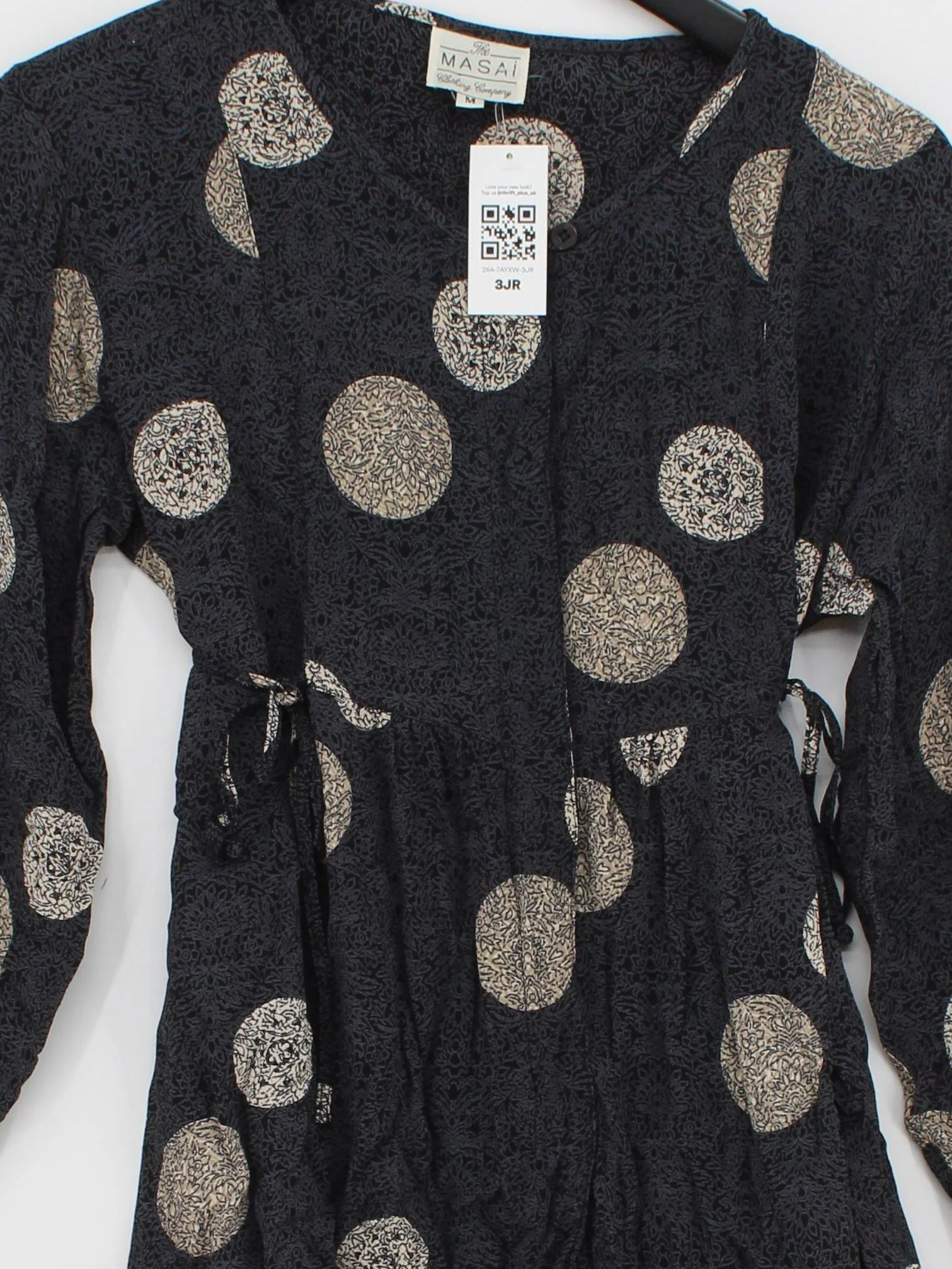 Masai Women's Top M Black Polkadot 100% Viscose 3/4 Sleeve Round Neck Tunic - Image 3