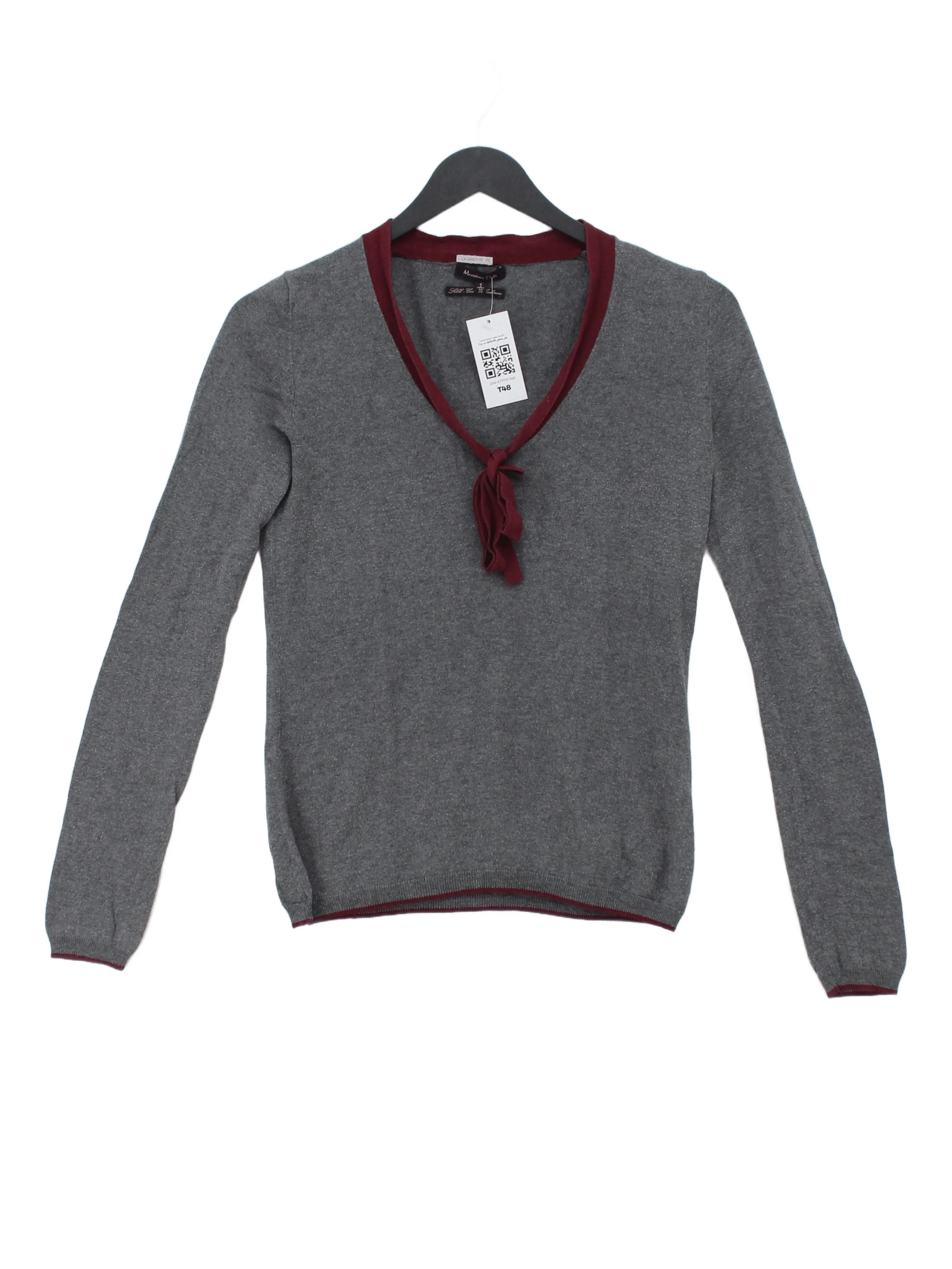 Massimo Dutti Women's Jumper S Grey Silk with Cotton, Cashmere V-Neck Pullover
