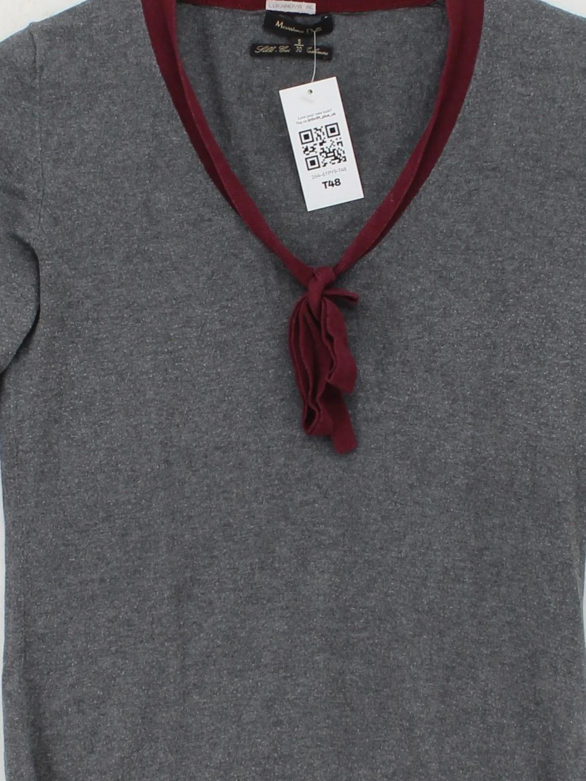 Massimo Dutti Women's Jumper S Grey Silk with Cotton, Cashmere V-Neck Pullover - Image 3