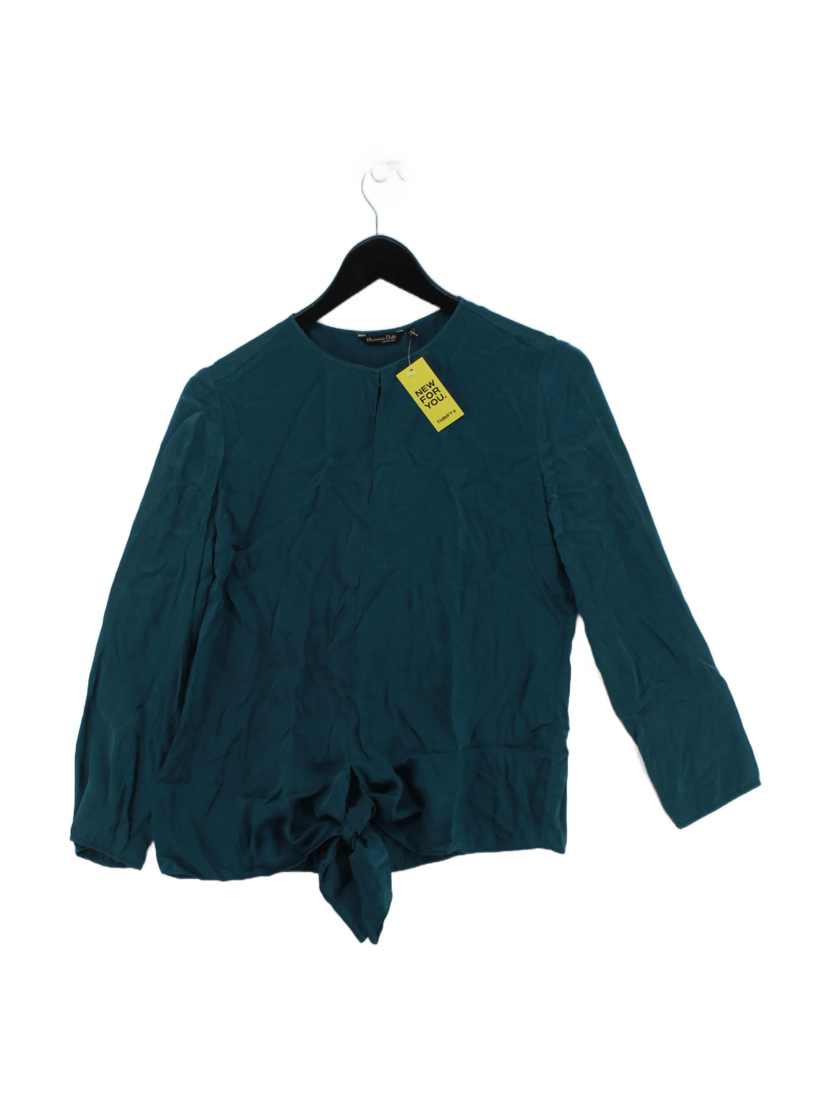 Massimo Dutti Women's Top UK 8 Green 100% Silk Long Sleeve Round Neck Basic