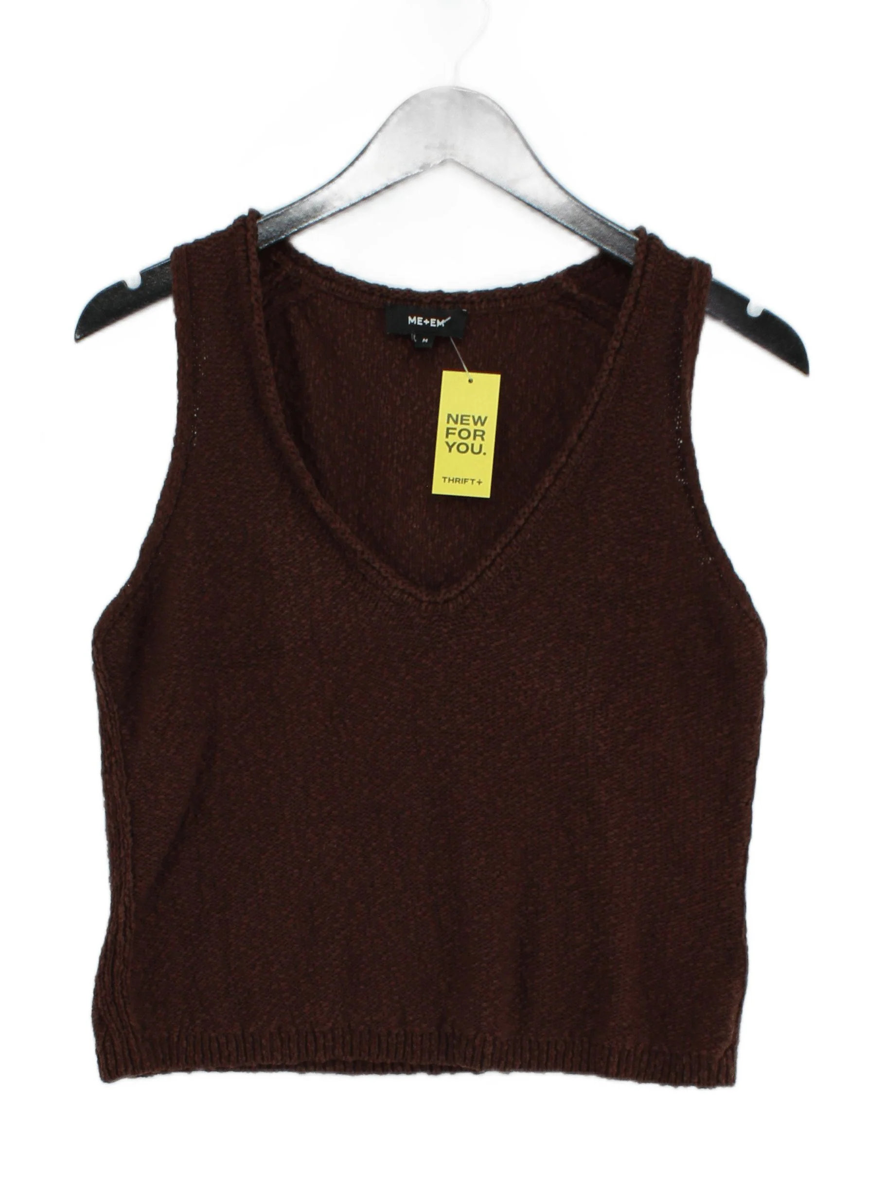 ME+EM Women's T-Shirt M Brown Cotton with Linen Sleeveless V-Neck Basic