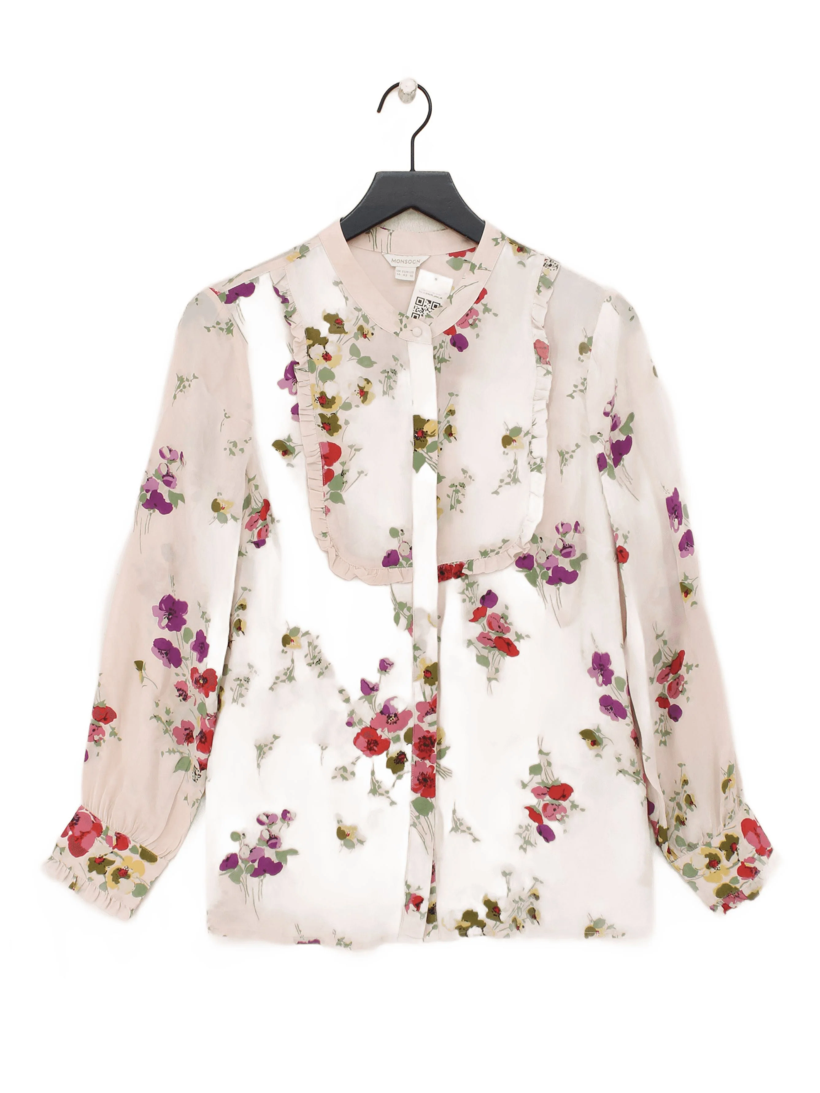 Monsoon Women's Blouse UK 14 Pink Floral 100% Silk Long Sleeve Collared Basic