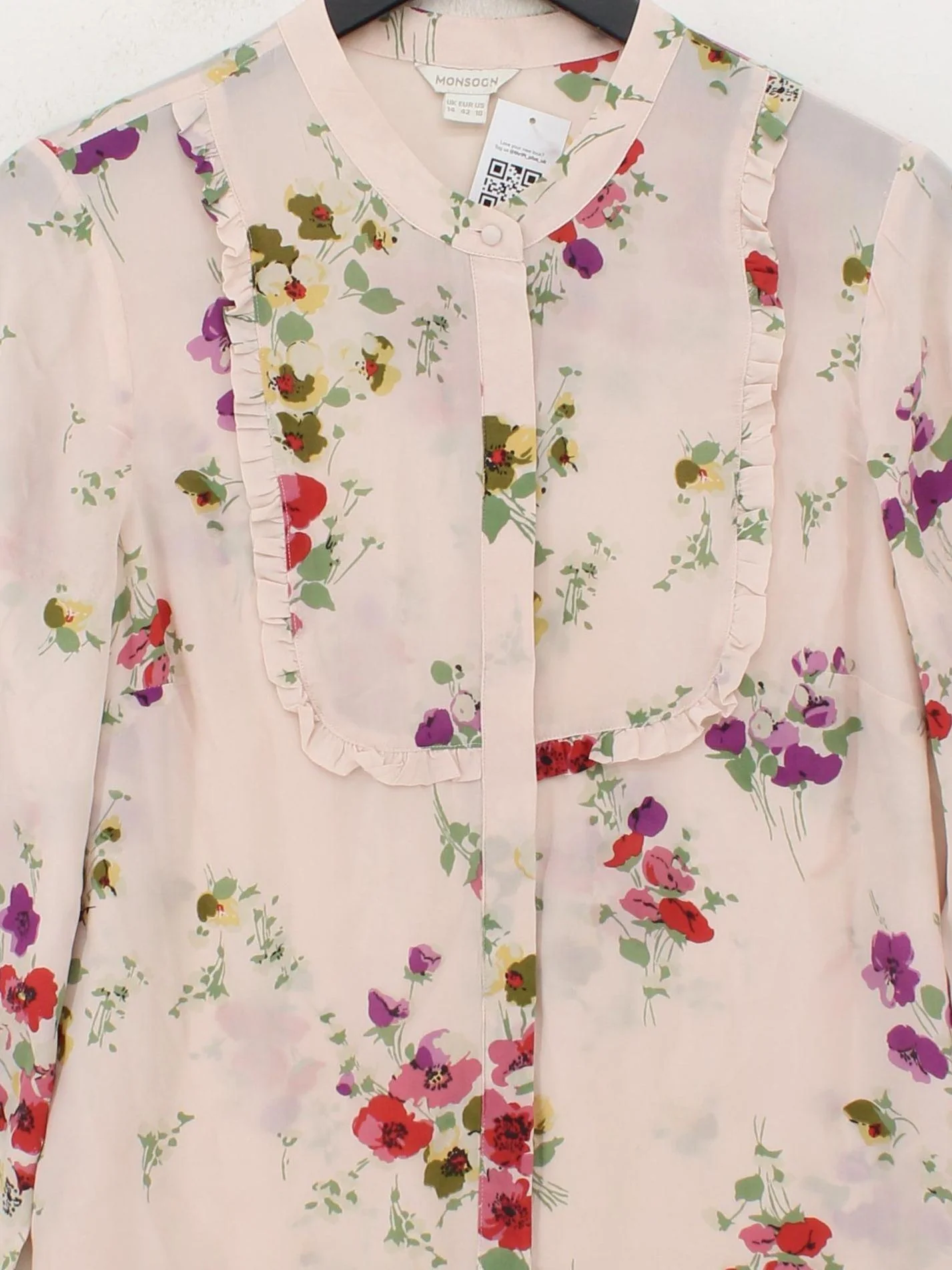 Monsoon Women's Blouse UK 14 Pink Floral 100% Silk Long Sleeve Collared Basic - Image 3