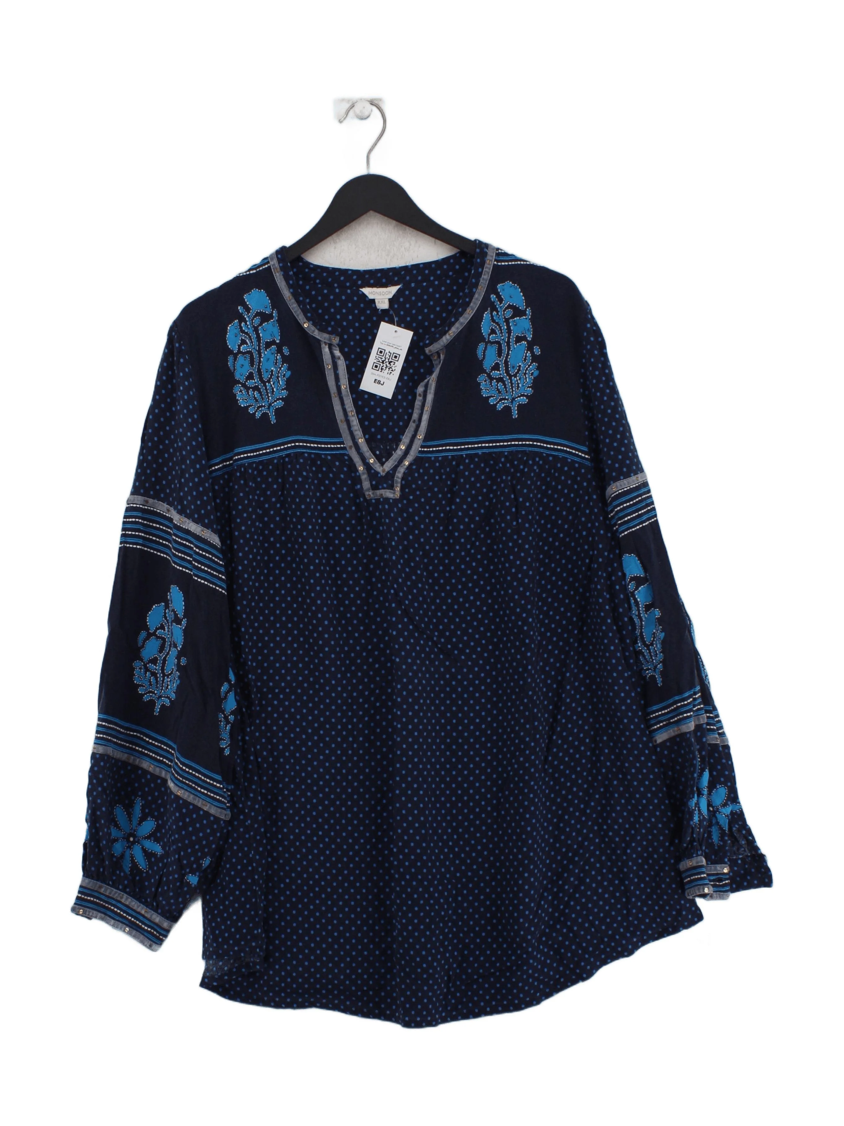 Monsoon Women's Blouse XXL Blue Polkadot 100% Viscose Long Sleeve V-Neck Basic
