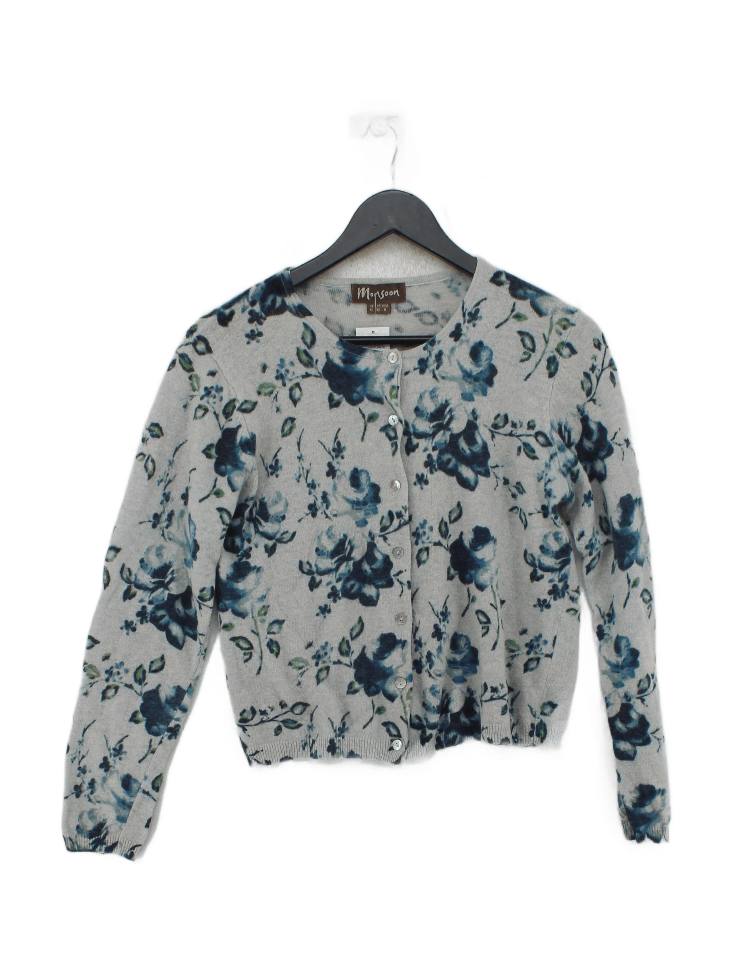 Monsoon Women's Cardigan UK 12 Grey Floral 100% Wool Round Neck Cardigan