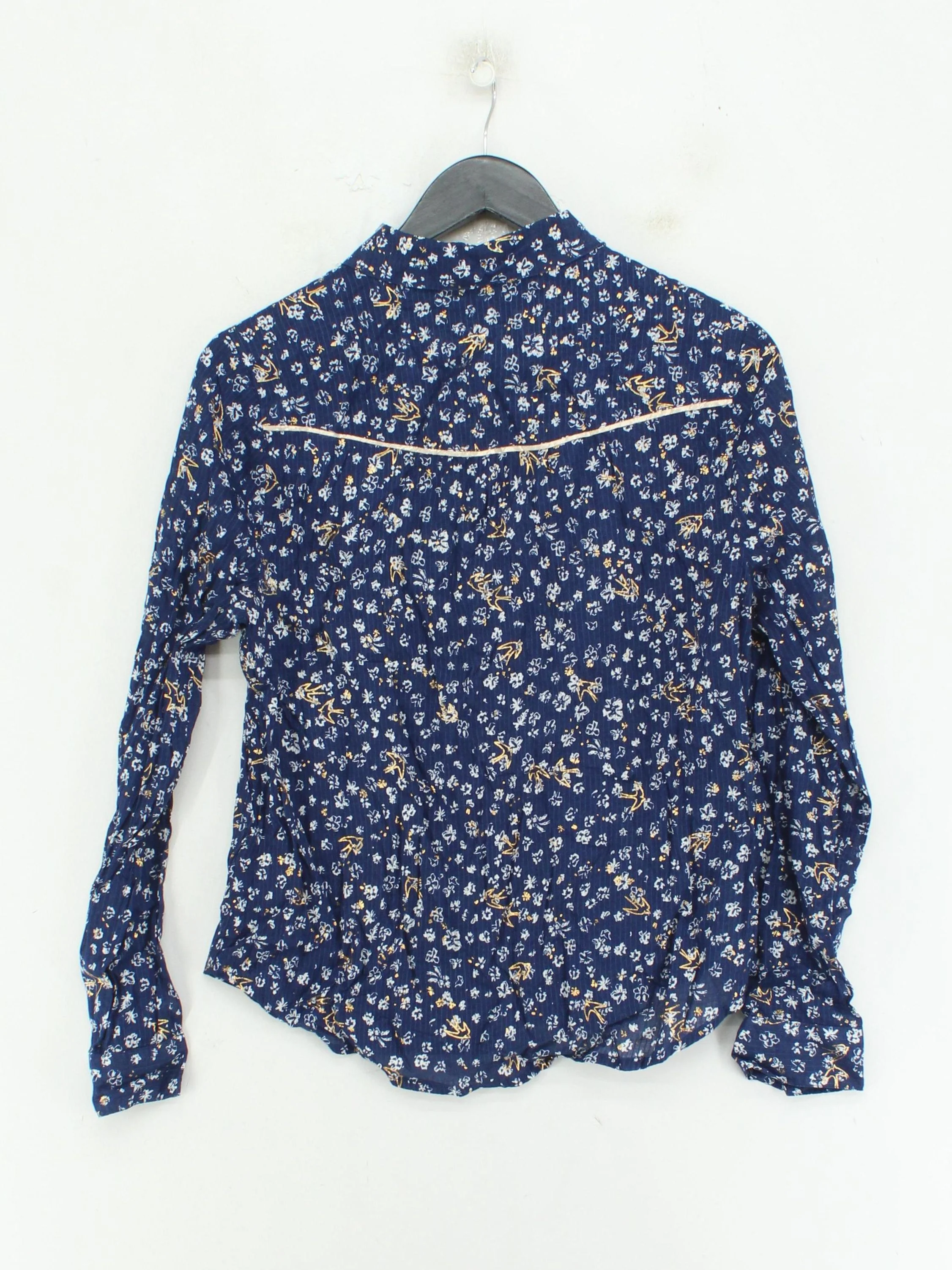 Monsoon Women's Shirt UK 12 Blue Floral 100% Cotton Long Sleeve Collared Basic - Image 2