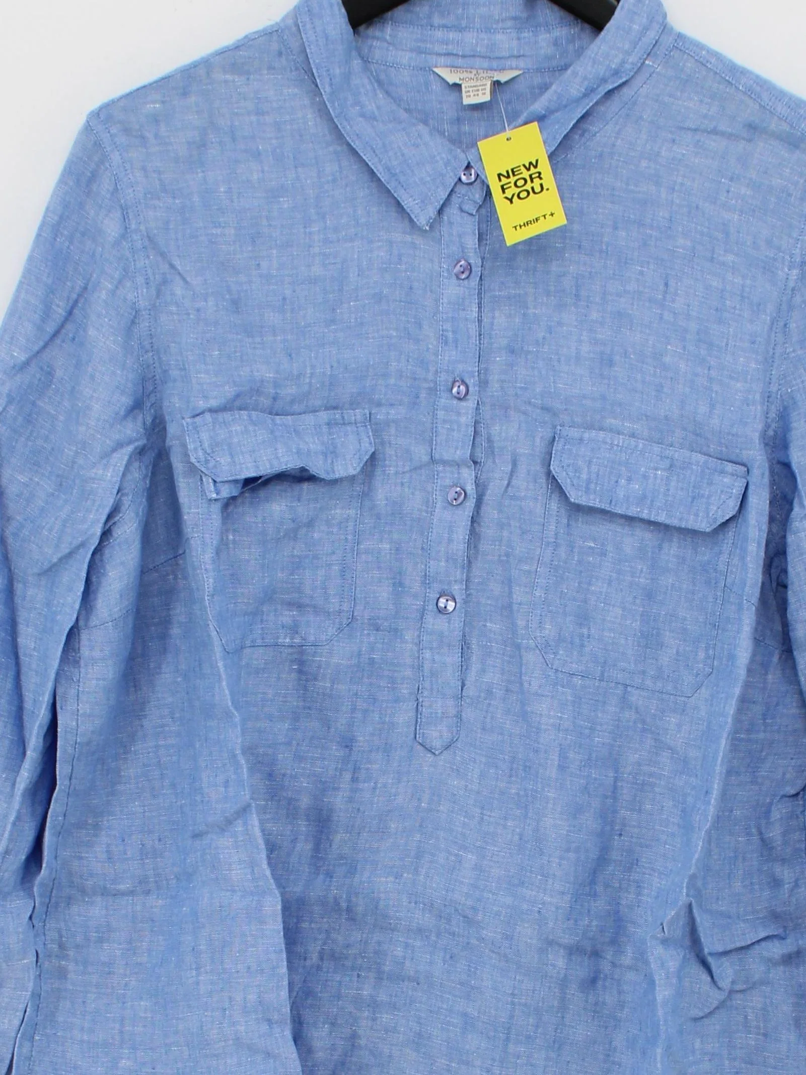 Monsoon Women's Shirt UK 20 Blue 100% Linen Long Sleeve Collared Basic - Image 3
