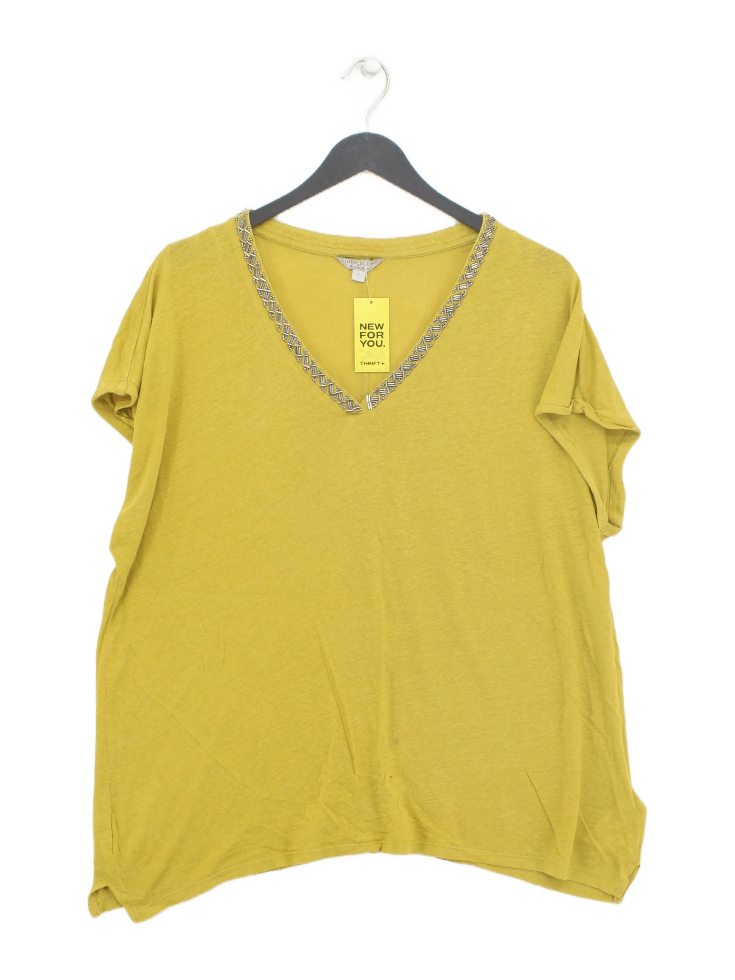 Monsoon Women's Top L Yellow Linen with Viscose Short Sleeve V-Neck Basic