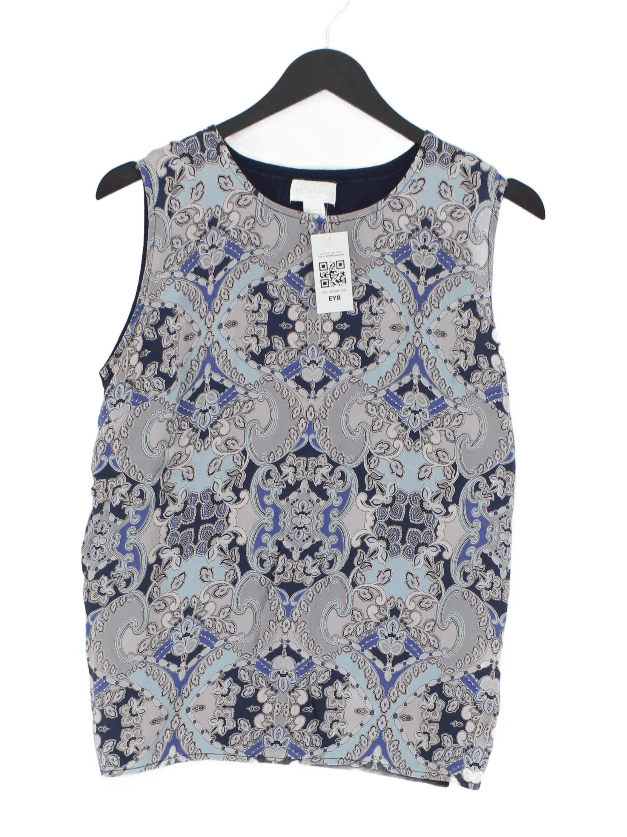 Monsoon Women's Top UK 14 Blue Paisley 100% Silk Sleeveless Round Neck Basic