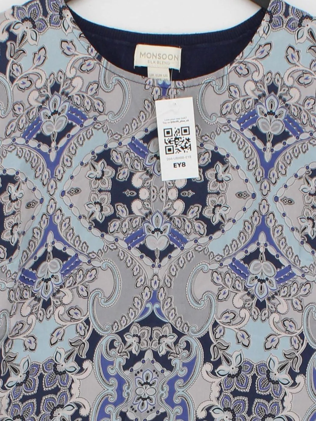 Monsoon Women's Top UK 14 Blue Paisley 100% Silk Sleeveless Round Neck Basic - Image 3
